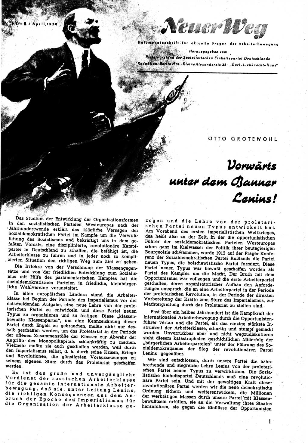 Neuer Weg (NW), Halbmonatsschrift für aktuelle Fragen der Arbeiterbewegung [Zentralkomitee (ZK) Sozialistische Einheitspartei Deutschlands (SED)], 5. Jahrgang [Deutsche Demokratische Republik (DDR)] 1950, Heft 8/1 (NW ZK SED DDR 1950, H. 8/1)