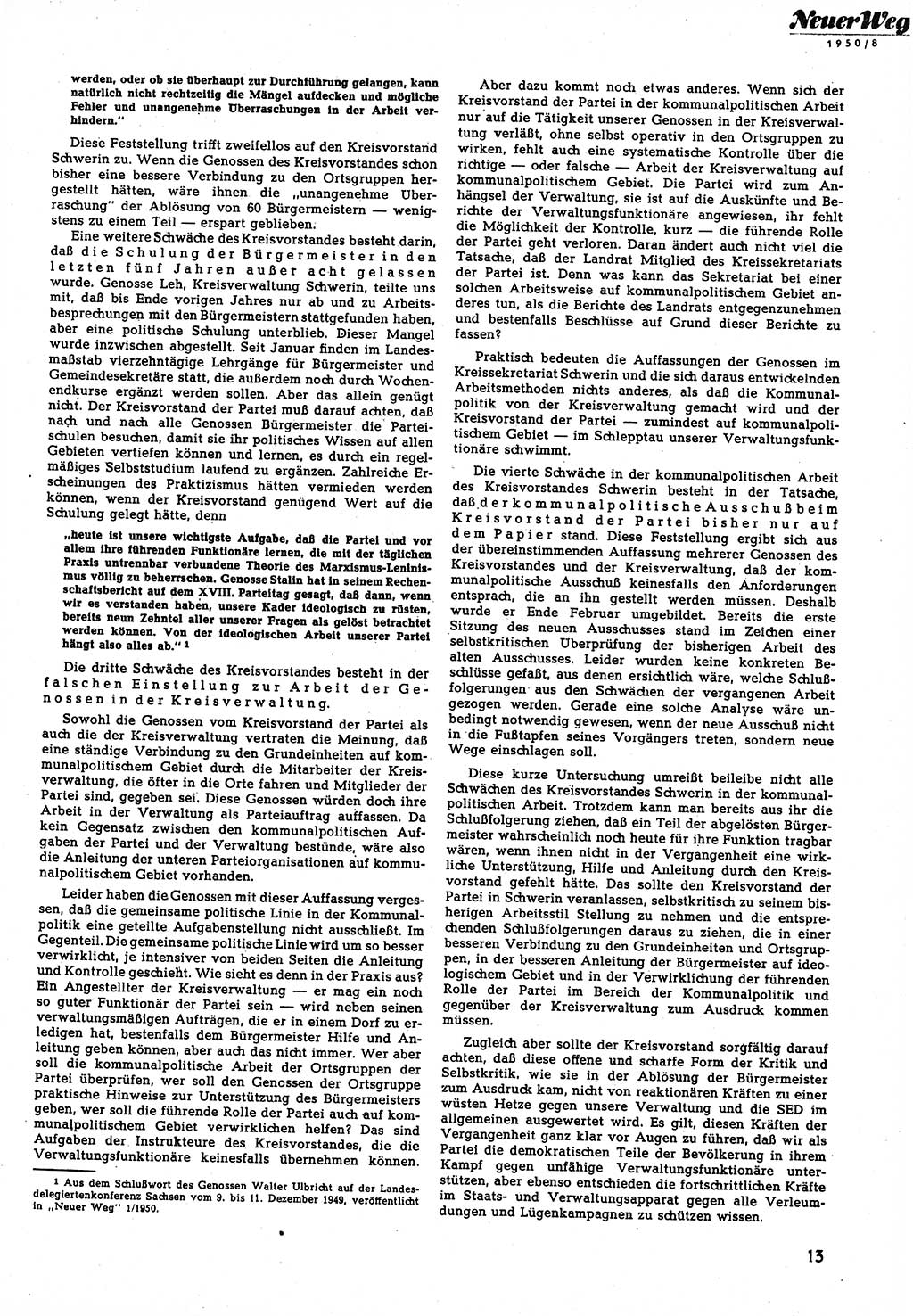 Neuer Weg (NW), Halbmonatsschrift für aktuelle Fragen der Arbeiterbewegung [Zentralkomitee (ZK) Sozialistische Einheitspartei Deutschlands (SED)], 5. Jahrgang [Deutsche Demokratische Republik (DDR)] 1950, Heft 8/13 (NW ZK SED DDR 1950, H. 8/13)