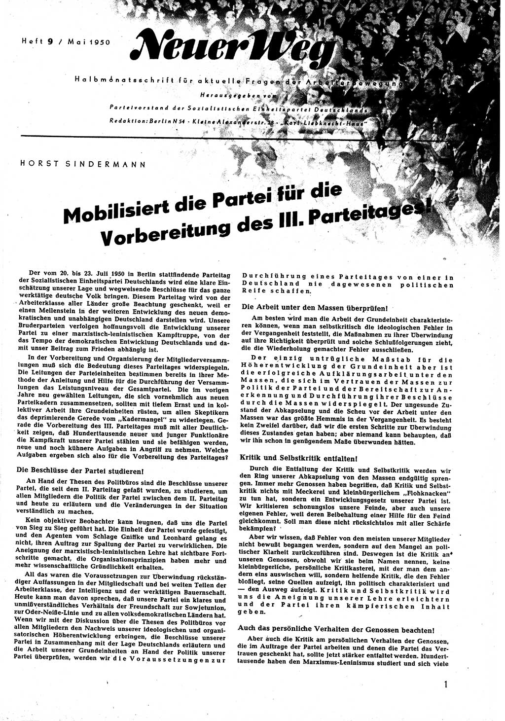 Neuer Weg (NW), Halbmonatsschrift für aktuelle Fragen der Arbeiterbewegung [Zentralkomitee (ZK) Sozialistische Einheitspartei Deutschlands (SED)], 5. Jahrgang [Deutsche Demokratische Republik (DDR)] 1950, Heft 9/1 (NW ZK SED DDR 1950, H. 9/1)