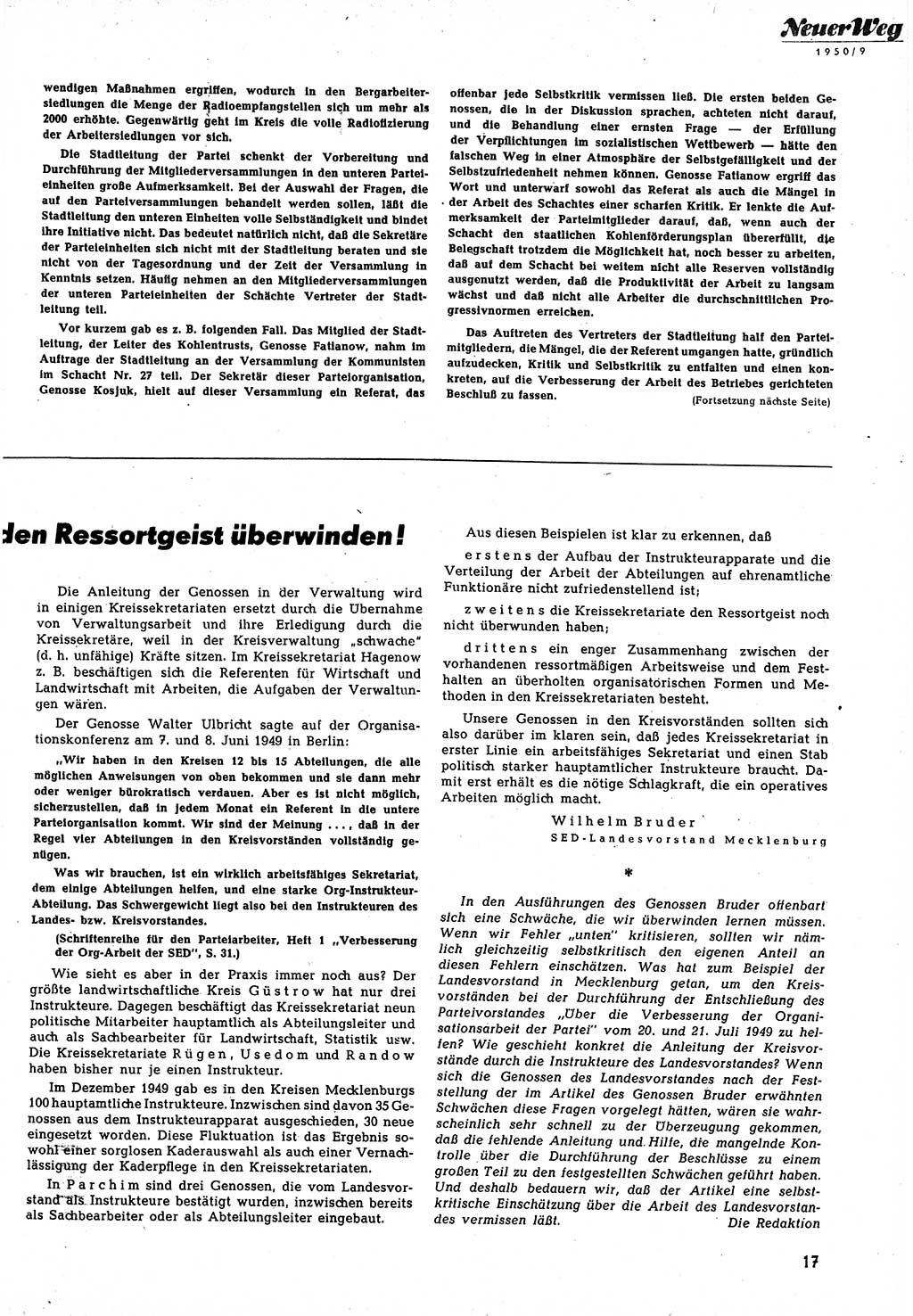 Neuer Weg (NW), Halbmonatsschrift für aktuelle Fragen der Arbeiterbewegung [Zentralkomitee (ZK) Sozialistische Einheitspartei Deutschlands (SED)], 5. Jahrgang [Deutsche Demokratische Republik (DDR)] 1950, Heft 9/17 (NW ZK SED DDR 1950, H. 9/17)