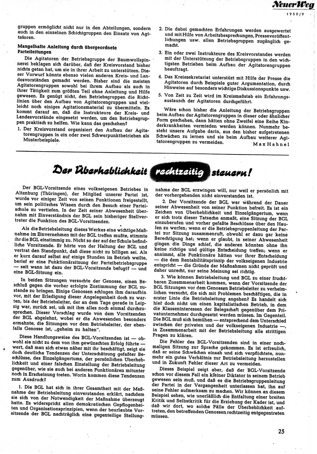Neuer Weg (NW), Halbmonatsschrift für aktuelle Fragen der Arbeiterbewegung [Zentralkomitee (ZK) Sozialistische Einheitspartei Deutschlands (SED)], 5. Jahrgang [Deutsche Demokratische Republik (DDR)] 1950, Heft 9/23 (NW ZK SED DDR 1950, H. 9/23)