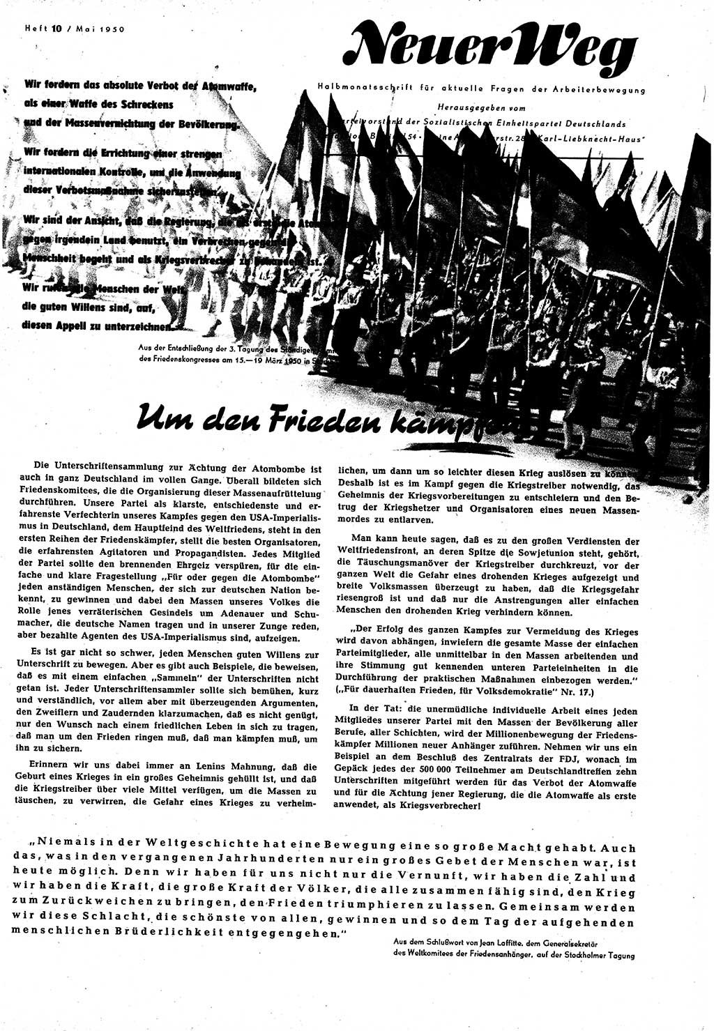 Neuer Weg (NW), Halbmonatsschrift für aktuelle Fragen der Arbeiterbewegung [Zentralkomitee (ZK) Sozialistische Einheitspartei Deutschlands (SED)], 5. Jahrgang [Deutsche Demokratische Republik (DDR)] 1950, Heft 10/1 (NW ZK SED DDR 1950, H. 10/1)