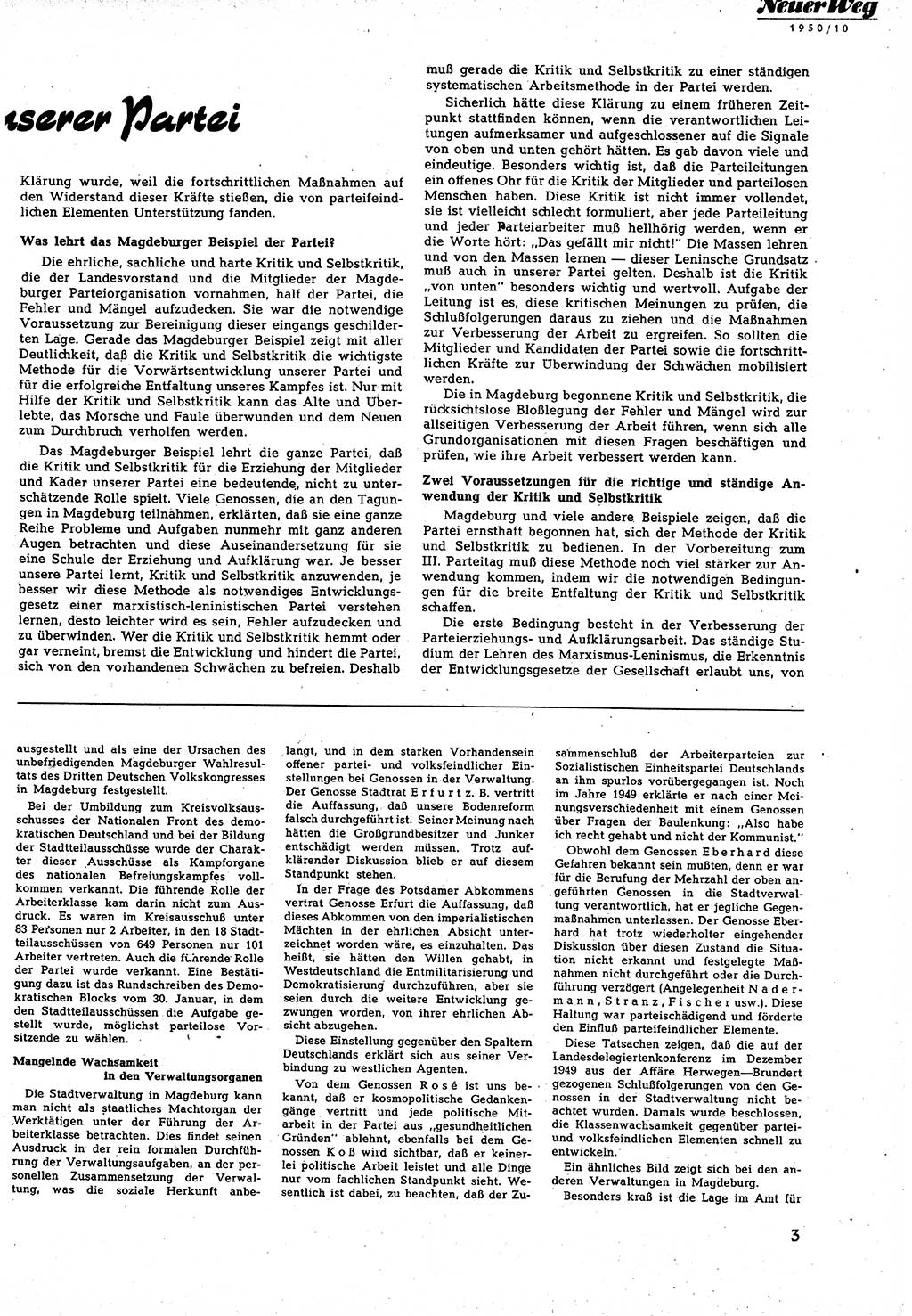 Neuer Weg (NW), Halbmonatsschrift für aktuelle Fragen der Arbeiterbewegung [Zentralkomitee (ZK) Sozialistische Einheitspartei Deutschlands (SED)], 5. Jahrgang [Deutsche Demokratische Republik (DDR)] 1950, Heft 10/3 (NW ZK SED DDR 1950, H. 10/3)