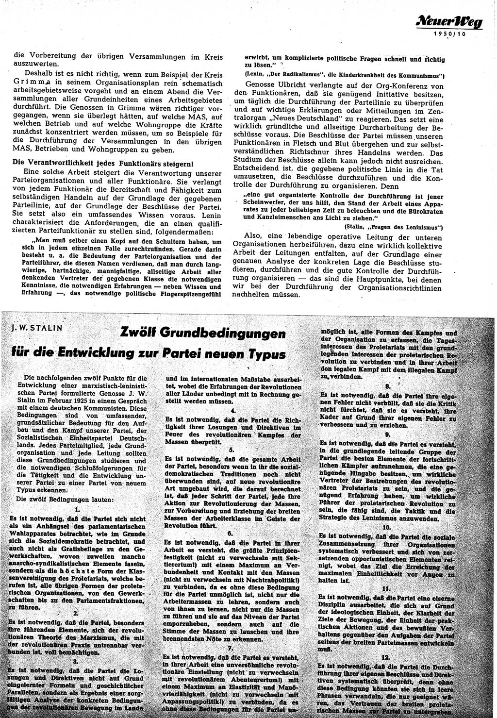 Neuer Weg (NW), Halbmonatsschrift für aktuelle Fragen der Arbeiterbewegung [Zentralkomitee (ZK) Sozialistische Einheitspartei Deutschlands (SED)], 5. Jahrgang [Deutsche Demokratische Republik (DDR)] 1950, Heft 10/9 (NW ZK SED DDR 1950, H. 10/9)