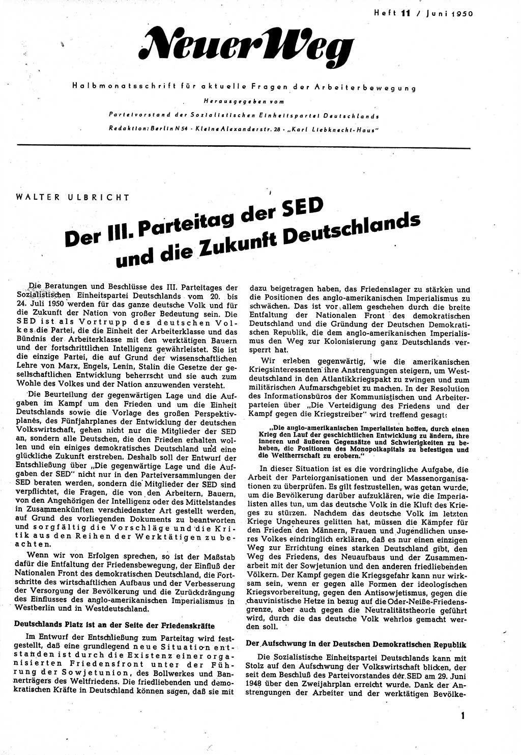 Neuer Weg (NW), Halbmonatsschrift für aktuelle Fragen der Arbeiterbewegung [Zentralkomitee (ZK) Sozialistische Einheitspartei Deutschlands (SED)], 5. Jahrgang [Deutsche Demokratische Republik (DDR)] 1950, Heft 11/1 (NW ZK SED DDR 1950, H. 11/1)