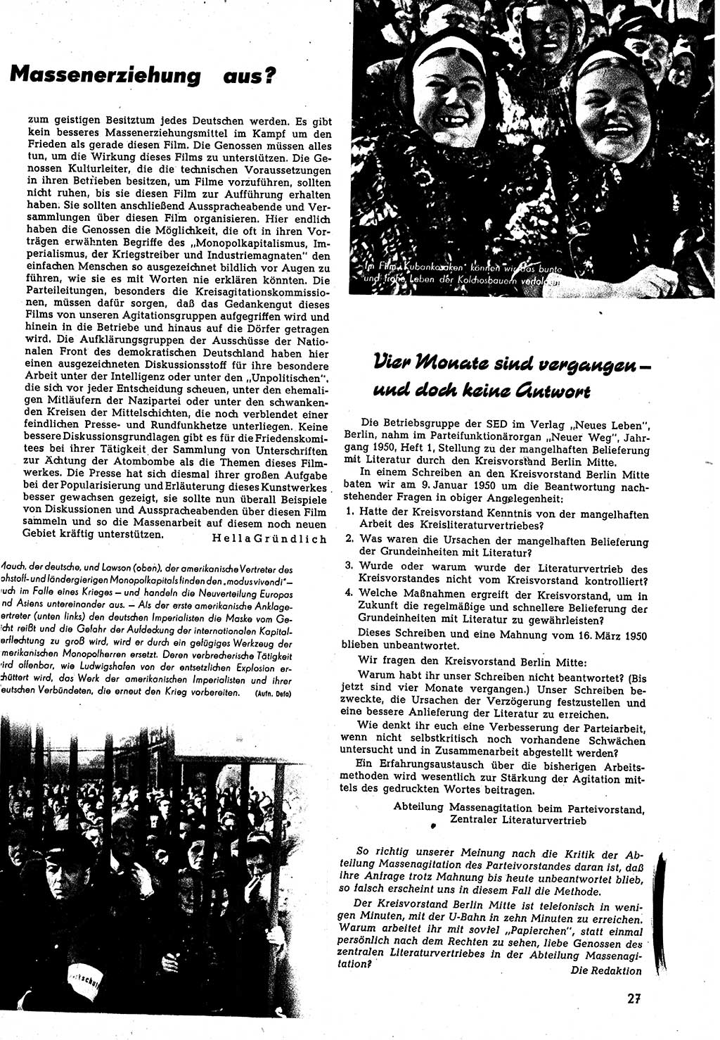 Neuer Weg (NW), Halbmonatsschrift für aktuelle Fragen der Arbeiterbewegung [Zentralkomitee (ZK) Sozialistische Einheitspartei Deutschlands (SED)], 5. Jahrgang [Deutsche Demokratische Republik (DDR)] 1950, Heft 11/27 (NW ZK SED DDR 1950, H. 11/27)