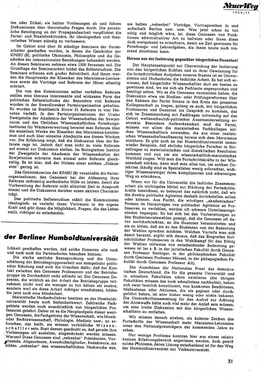 Neuer Weg (NW), Halbmonatsschrift für aktuelle Fragen der Arbeiterbewegung [Zentralkomitee (ZK) Sozialistische Einheitspartei Deutschlands (SED)], 5. Jahrgang [Deutsche Demokratische Republik (DDR)] 1950, Heft 11/31 (NW ZK SED DDR 1950, H. 11/31)