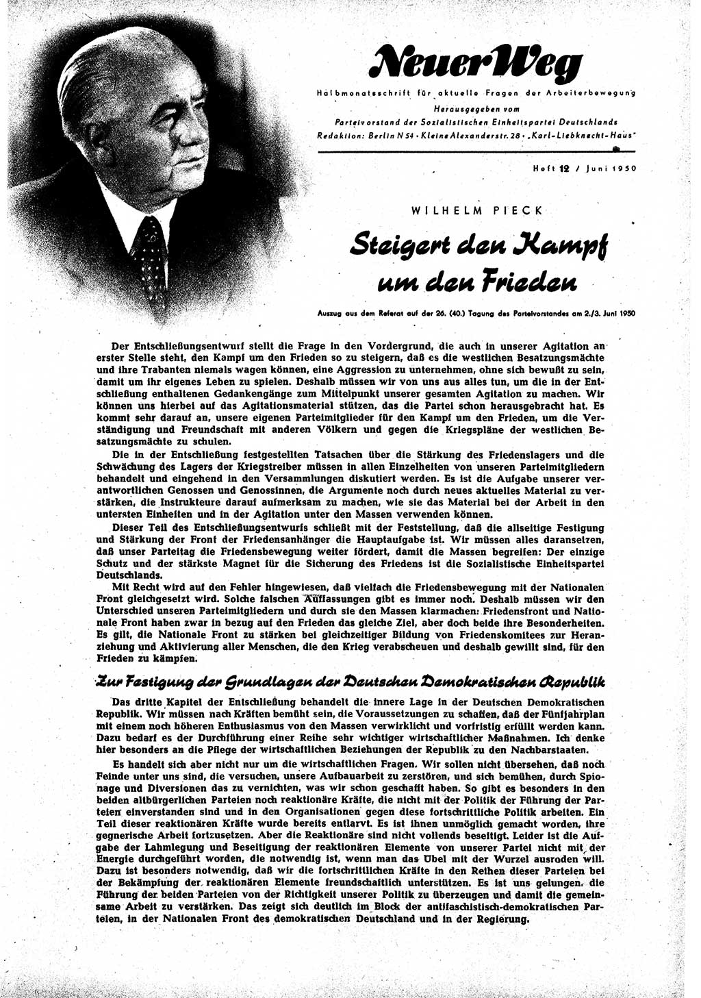 Neuer Weg (NW), Halbmonatsschrift für aktuelle Fragen der Arbeiterbewegung [Zentralkomitee (ZK) Sozialistische Einheitspartei Deutschlands (SED)], 5. Jahrgang [Deutsche Demokratische Republik (DDR)] 1950, Heft 12/1 (NW ZK SED DDR 1950, H. 12/1)