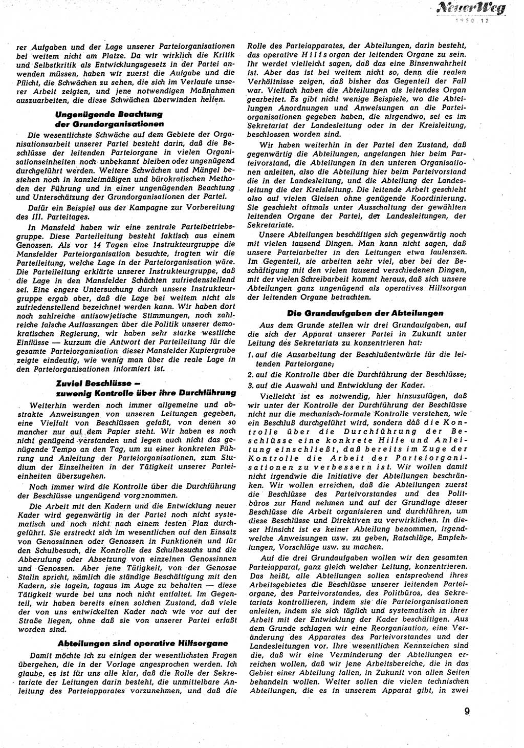 Neuer Weg (NW), Halbmonatsschrift für aktuelle Fragen der Arbeiterbewegung [Zentralkomitee (ZK) Sozialistische Einheitspartei Deutschlands (SED)], 5. Jahrgang [Deutsche Demokratische Republik (DDR)] 1950, Heft 12/9 (NW ZK SED DDR 1950, H. 12/9)