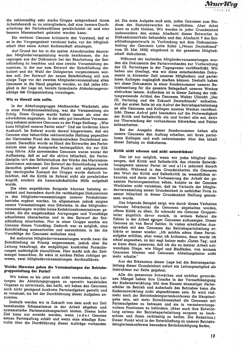 Neuer Weg (NW), Halbmonatsschrift für aktuelle Fragen der Arbeiterbewegung [Zentralkomitee (ZK) Sozialistische Einheitspartei Deutschlands (SED)], 5. Jahrgang [Deutsche Demokratische Republik (DDR)] 1950, Heft 12/17 (NW ZK SED DDR 1950, H. 12/17)