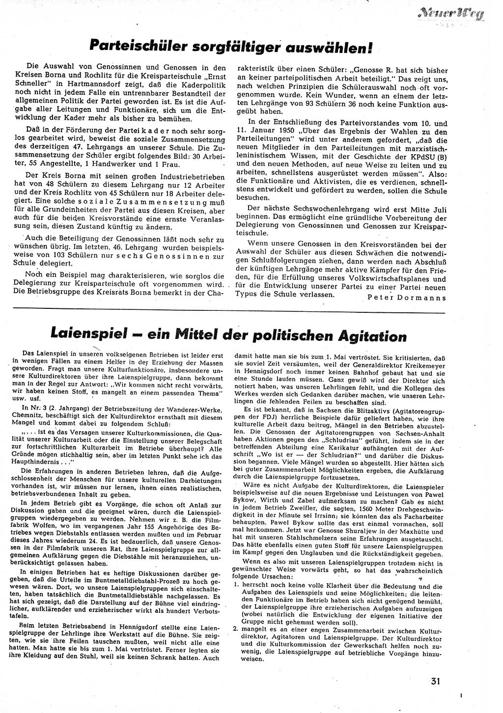Neuer Weg (NW), Halbmonatsschrift für aktuelle Fragen der Arbeiterbewegung [Zentralkomitee (ZK) Sozialistische Einheitspartei Deutschlands (SED)], 5. Jahrgang [Deutsche Demokratische Republik (DDR)] 1950, Heft 12/31 (NW ZK SED DDR 1950, H. 12/31)