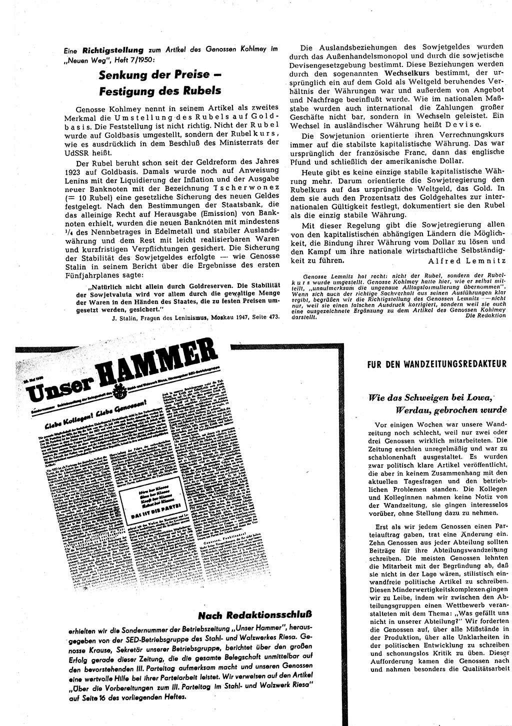 Neuer Weg (NW), Halbmonatsschrift für aktuelle Fragen der Arbeiterbewegung [Zentralkomitee (ZK) Sozialistische Einheitspartei Deutschlands (SED)], 5. Jahrgang [Deutsche Demokratische Republik (DDR)] 1950, Heft 12/32 (NW ZK SED DDR 1950, H. 12/32)