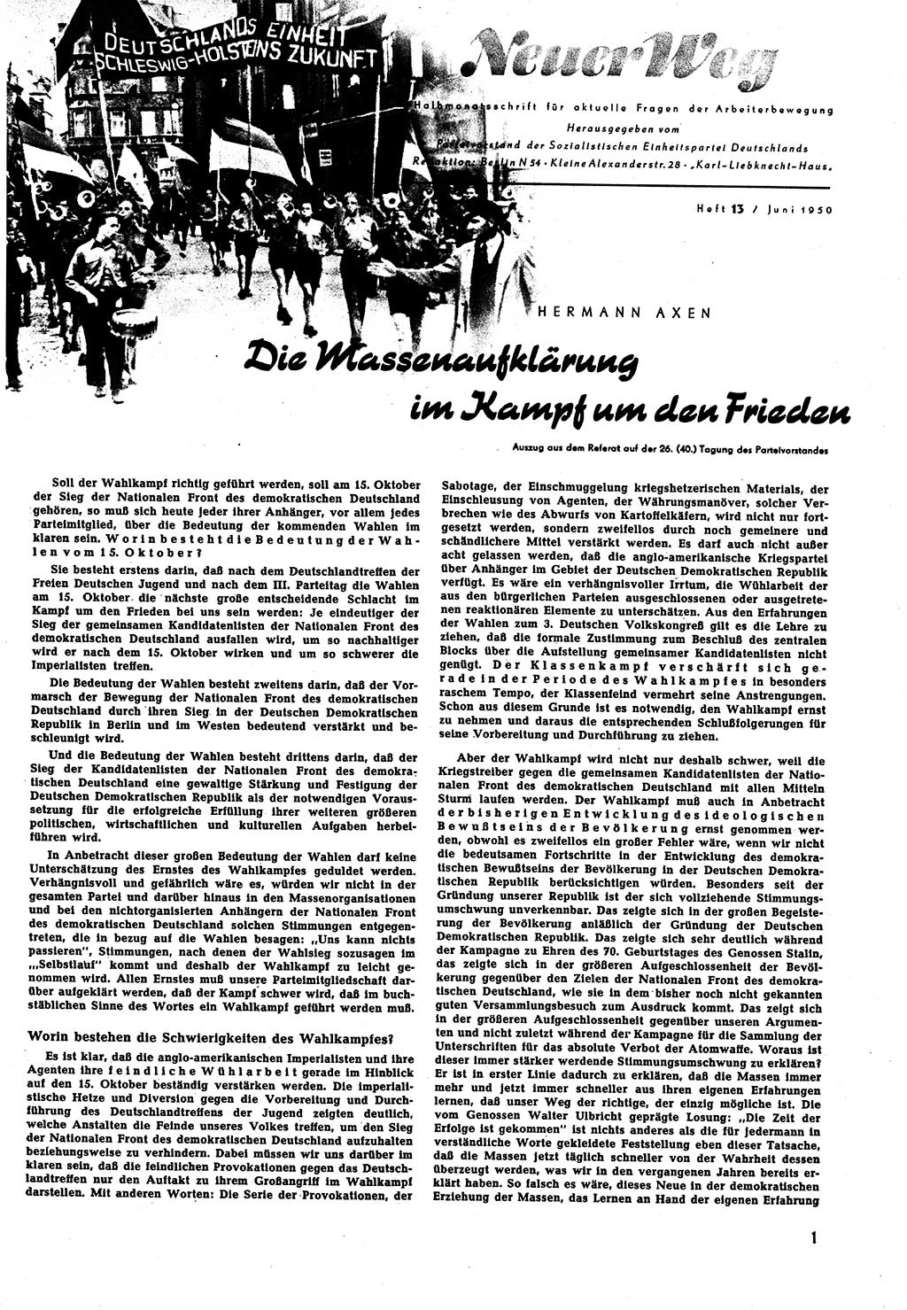 Neuer Weg (NW), Halbmonatsschrift für aktuelle Fragen der Arbeiterbewegung [Zentralkomitee (ZK) Sozialistische Einheitspartei Deutschlands (SED)], 5. Jahrgang [Deutsche Demokratische Republik (DDR)] 1950, Heft 13/1 (NW ZK SED DDR 1950, H. 13/1)