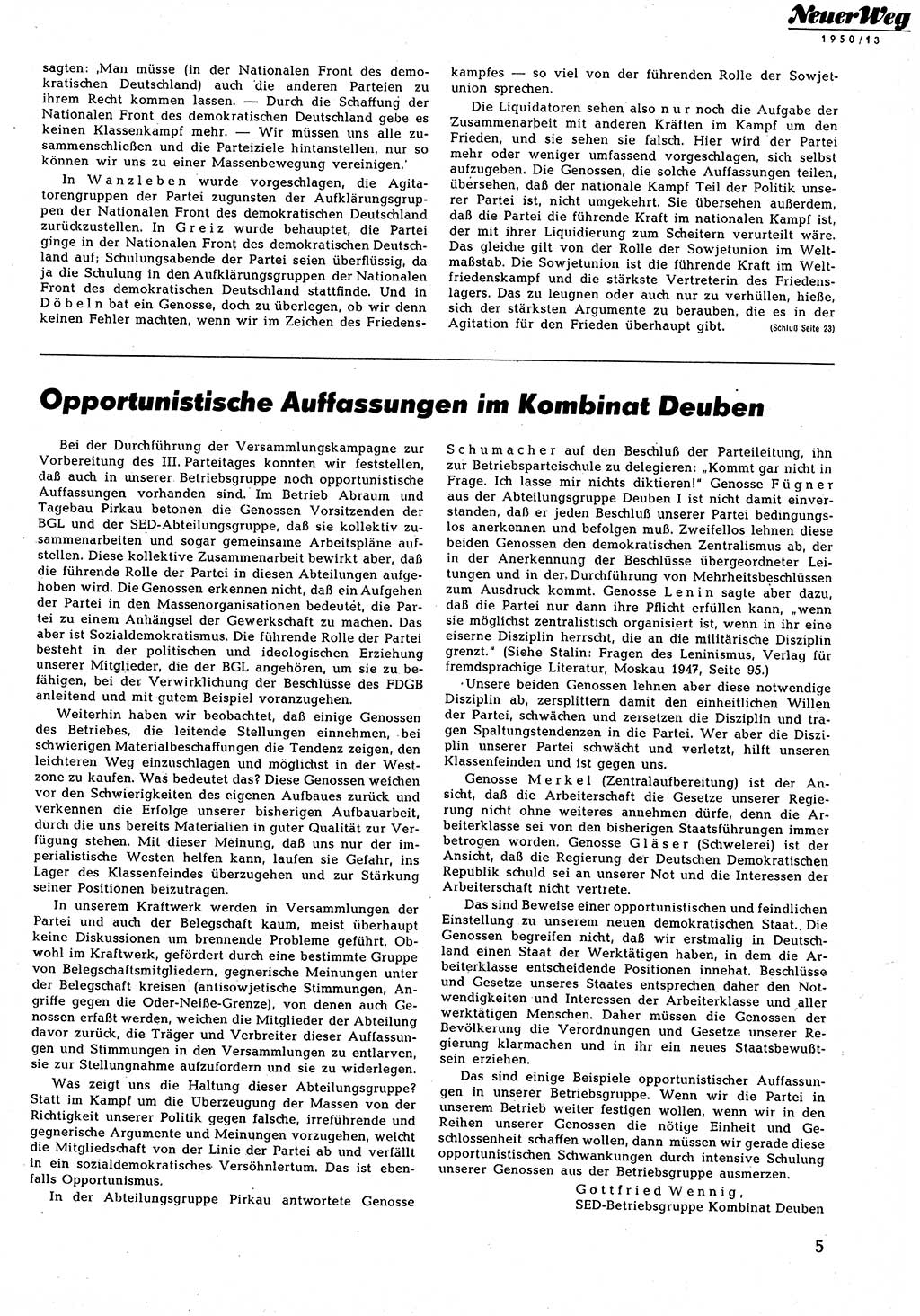 Neuer Weg (NW), Halbmonatsschrift für aktuelle Fragen der Arbeiterbewegung [Zentralkomitee (ZK) Sozialistische Einheitspartei Deutschlands (SED)], 5. Jahrgang [Deutsche Demokratische Republik (DDR)] 1950, Heft 13/5 (NW ZK SED DDR 1950, H. 13/5)