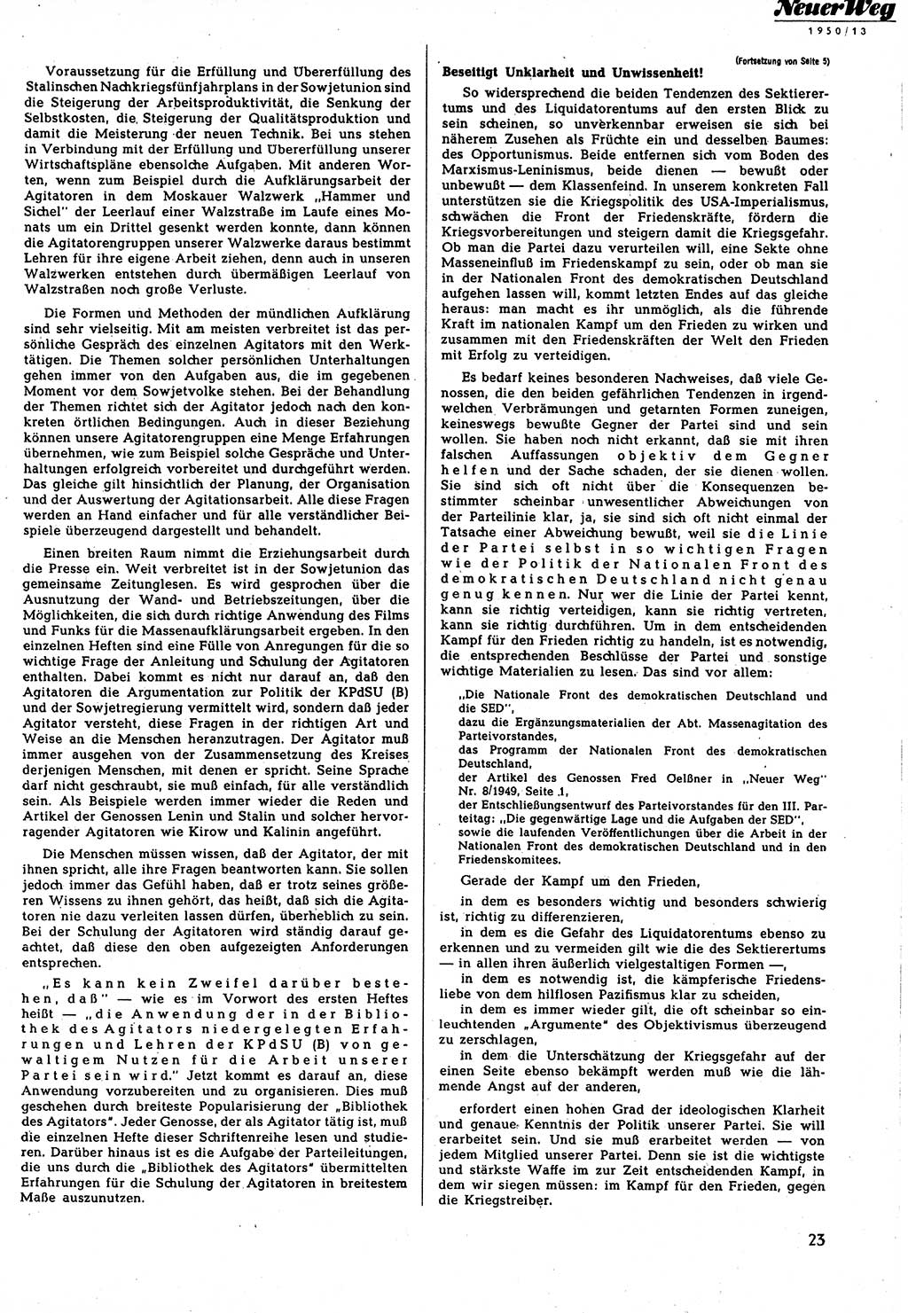 Neuer Weg (NW), Halbmonatsschrift für aktuelle Fragen der Arbeiterbewegung [Zentralkomitee (ZK) Sozialistische Einheitspartei Deutschlands (SED)], 5. Jahrgang [Deutsche Demokratische Republik (DDR)] 1950, Heft 13/23 (NW ZK SED DDR 1950, H. 13/23)