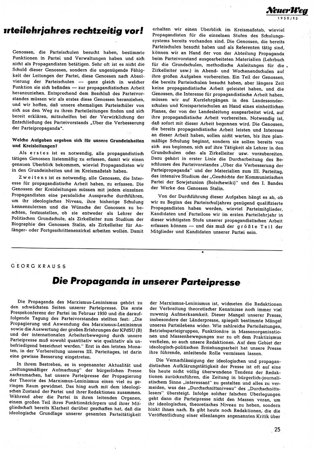 Neuer Weg (NW), Halbmonatsschrift für aktuelle Fragen der Arbeiterbewegung [Zentralkomitee (ZK) Sozialistische Einheitspartei Deutschlands (SED)], 5. Jahrgang [Deutsche Demokratische Republik (DDR)] 1950, Heft 13/25 (NW ZK SED DDR 1950, H. 13/25)