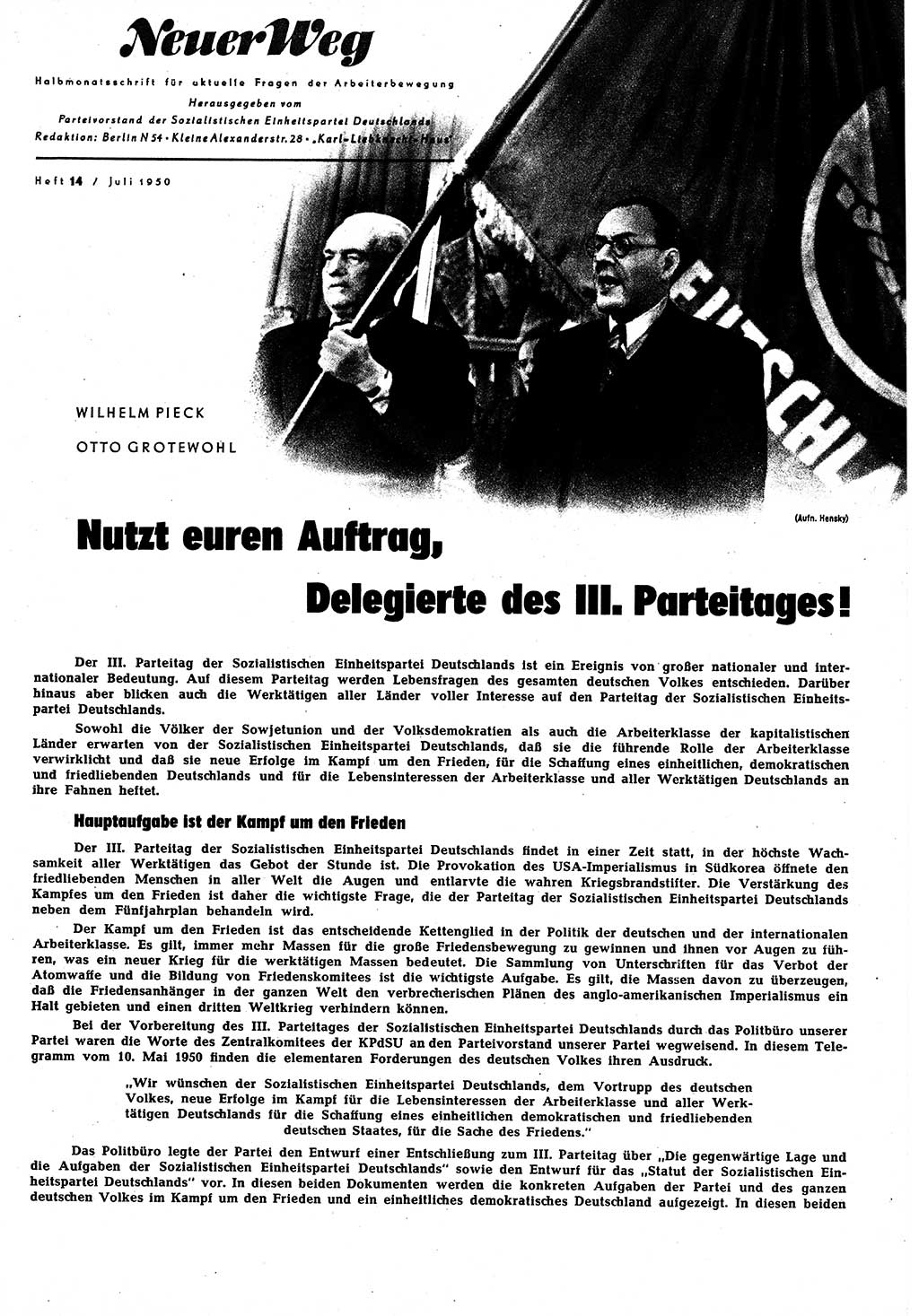 Neuer Weg (NW), Halbmonatsschrift für aktuelle Fragen der Arbeiterbewegung [Zentralkomitee (ZK) Sozialistische Einheitspartei Deutschlands (SED)], 5. Jahrgang [Deutsche Demokratische Republik (DDR)] 1950, Heft 14/1 (NW ZK SED DDR 1950, H. 14/1)