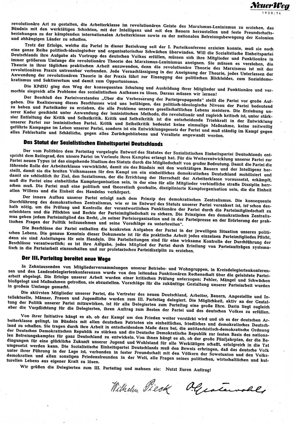 Neuer Weg (NW), Halbmonatsschrift für aktuelle Fragen der Arbeiterbewegung [Zentralkomitee (ZK) Sozialistische Einheitspartei Deutschlands (SED)], 5. Jahrgang [Deutsche Demokratische Republik (DDR)] 1950, Heft 14/3 (NW ZK SED DDR 1950, H. 14/3)