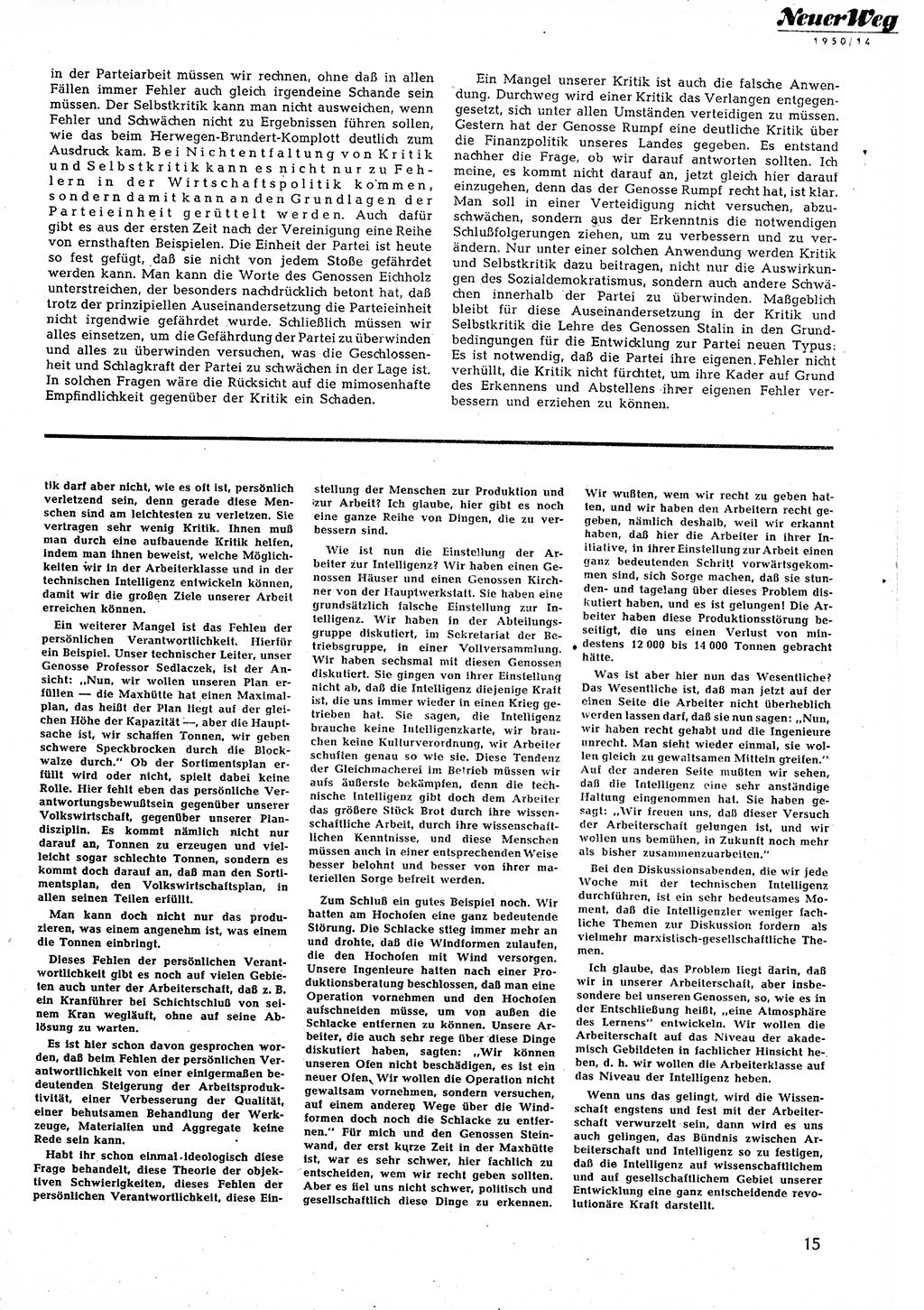 Neuer Weg (NW), Halbmonatsschrift für aktuelle Fragen der Arbeiterbewegung [Zentralkomitee (ZK) Sozialistische Einheitspartei Deutschlands (SED)], 5. Jahrgang [Deutsche Demokratische Republik (DDR)] 1950, Heft 14/15 (NW ZK SED DDR 1950, H. 14/15)