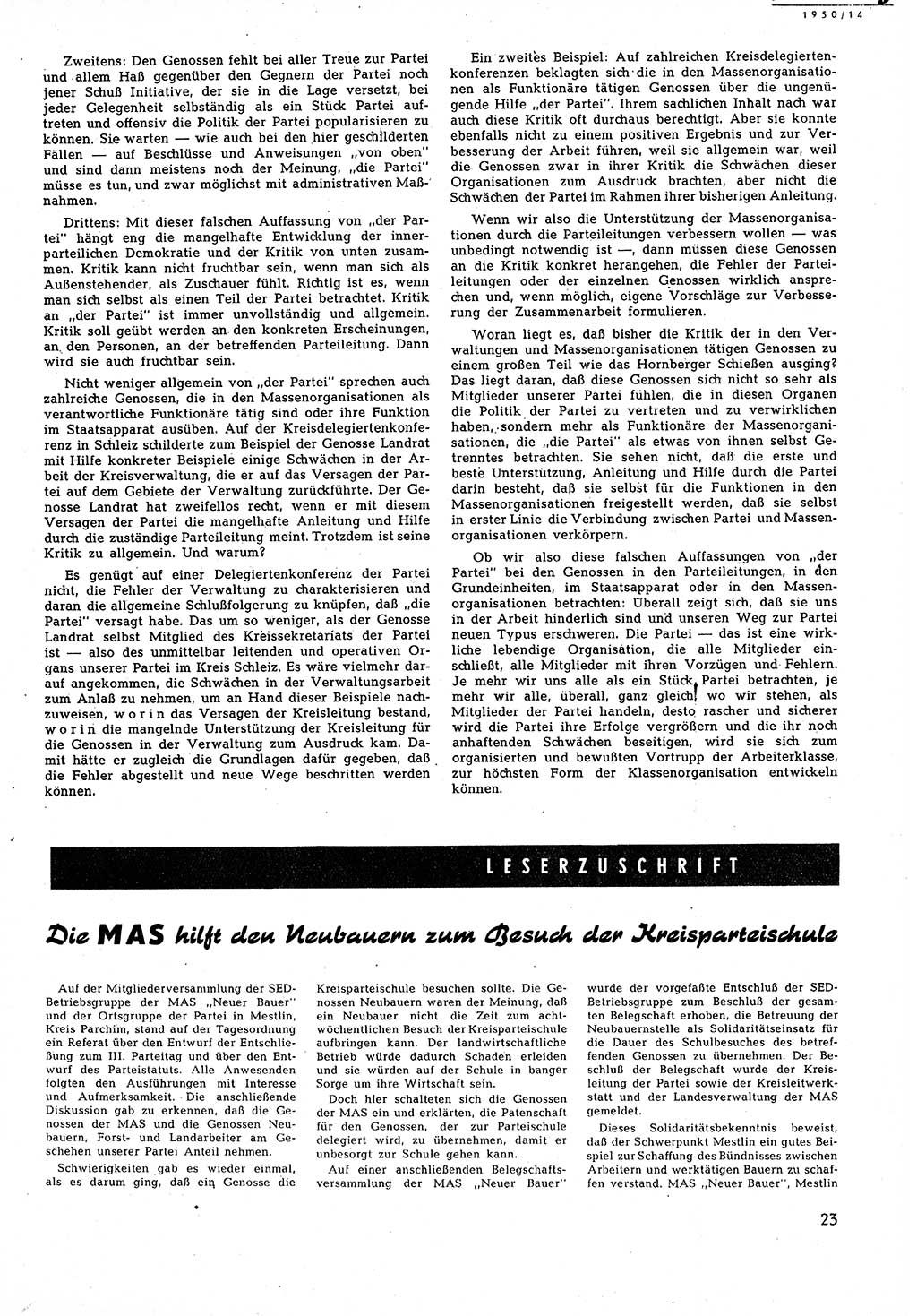 Neuer Weg (NW), Halbmonatsschrift für aktuelle Fragen der Arbeiterbewegung [Zentralkomitee (ZK) Sozialistische Einheitspartei Deutschlands (SED)], 5. Jahrgang [Deutsche Demokratische Republik (DDR)] 1950, Heft 14/23 (NW ZK SED DDR 1950, H. 14/23)