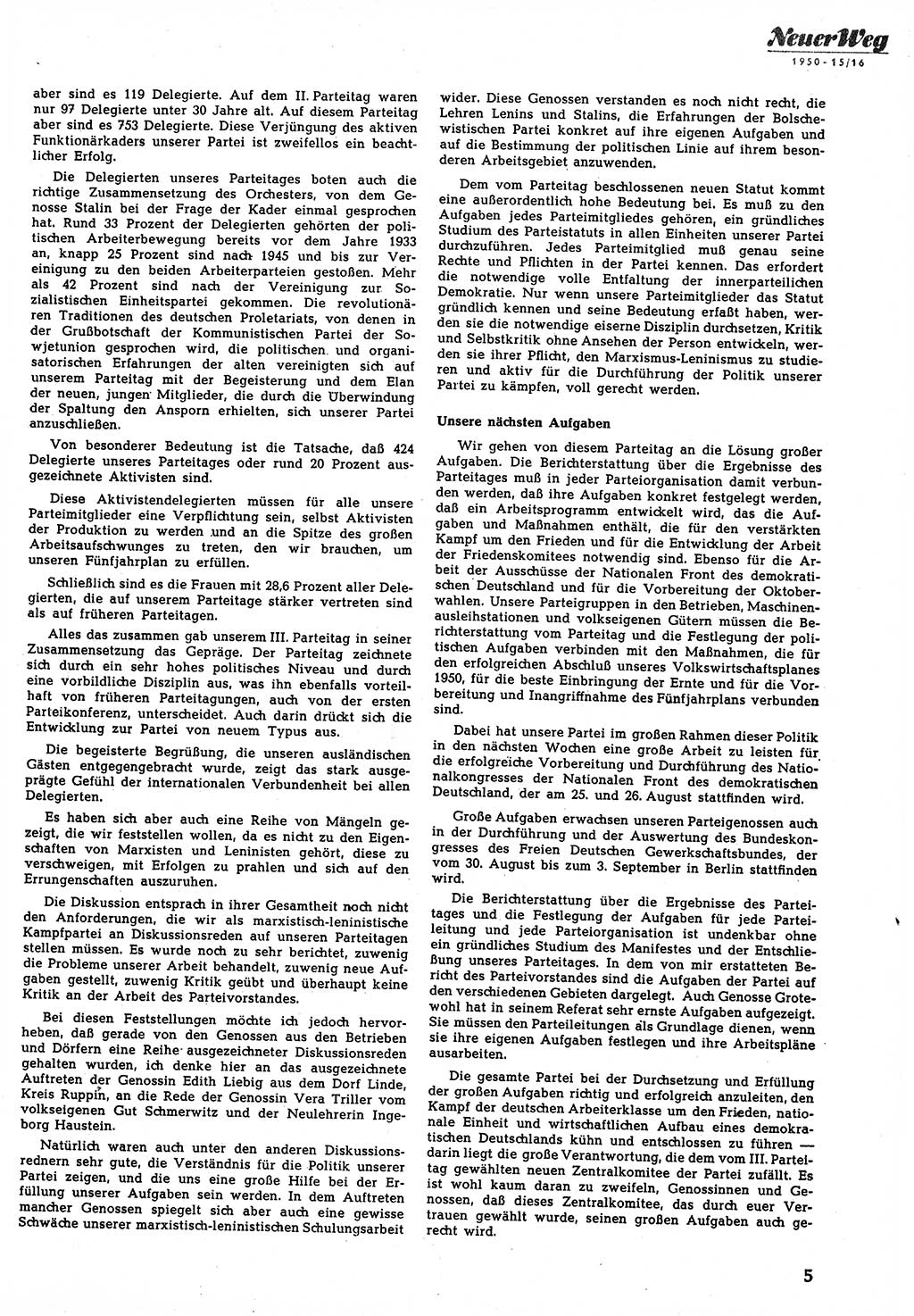 Neuer Weg (NW), Halbmonatsschrift für aktuelle Fragen der Arbeiterbewegung [Zentralkomitee (ZK) Sozialistische Einheitspartei Deutschlands (SED)], 5. Jahrgang [Deutsche Demokratische Republik (DDR)] 1950, Heft 15/5 (NW ZK SED DDR 1950, H. 15/5)