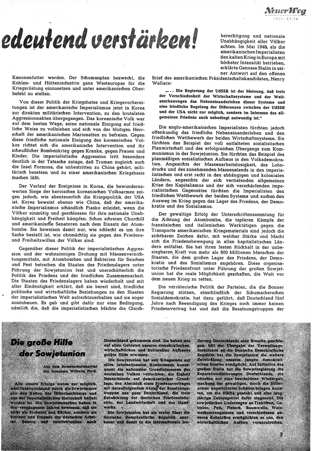 Neuer Weg (NW), Halbmonatsschrift für aktuelle Fragen der Arbeiterbewegung [Zentralkomitee (ZK) Sozialistische Einheitspartei Deutschlands (SED)], 5. Jahrgang [Deutsche Demokratische Republik (DDR)] 1950, Heft 15/7 (NW ZK SED DDR 1950, H. 15/7)