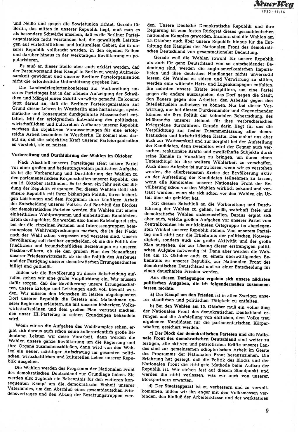 Neuer Weg (NW), Halbmonatsschrift für aktuelle Fragen der Arbeiterbewegung [Zentralkomitee (ZK) Sozialistische Einheitspartei Deutschlands (SED)], 5. Jahrgang [Deutsche Demokratische Republik (DDR)] 1950, Heft 15/9 (NW ZK SED DDR 1950, H. 15/9)