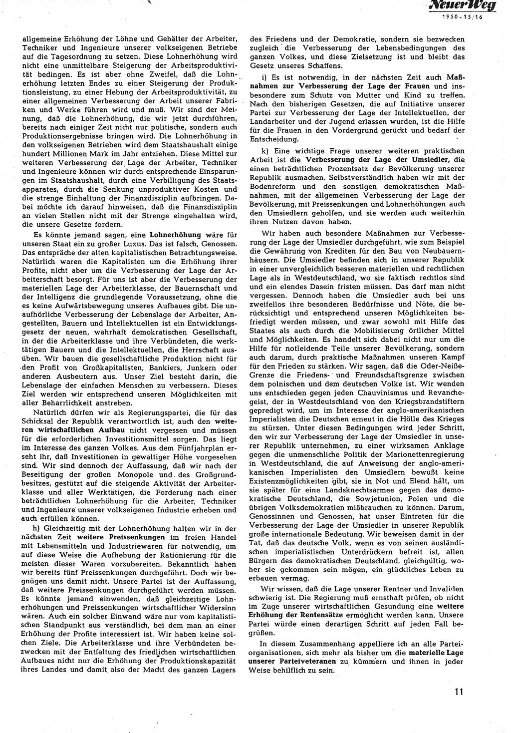 Neuer Weg (NW), Halbmonatsschrift für aktuelle Fragen der Arbeiterbewegung [Zentralkomitee (ZK) Sozialistische Einheitspartei Deutschlands (SED)], 5. Jahrgang [Deutsche Demokratische Republik (DDR)] 1950, Heft 15/11 (NW ZK SED DDR 1950, H. 15/11)