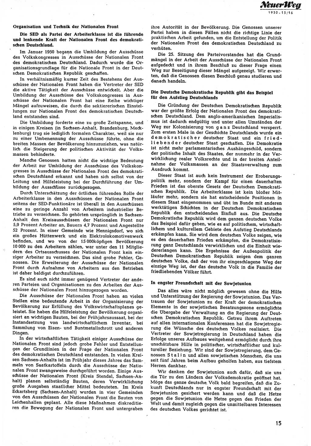 Neuer Weg (NW), Halbmonatsschrift für aktuelle Fragen der Arbeiterbewegung [Zentralkomitee (ZK) Sozialistische Einheitspartei Deutschlands (SED)], 5. Jahrgang [Deutsche Demokratische Republik (DDR)] 1950, Heft 15/15 (NW ZK SED DDR 1950, H. 15/15)