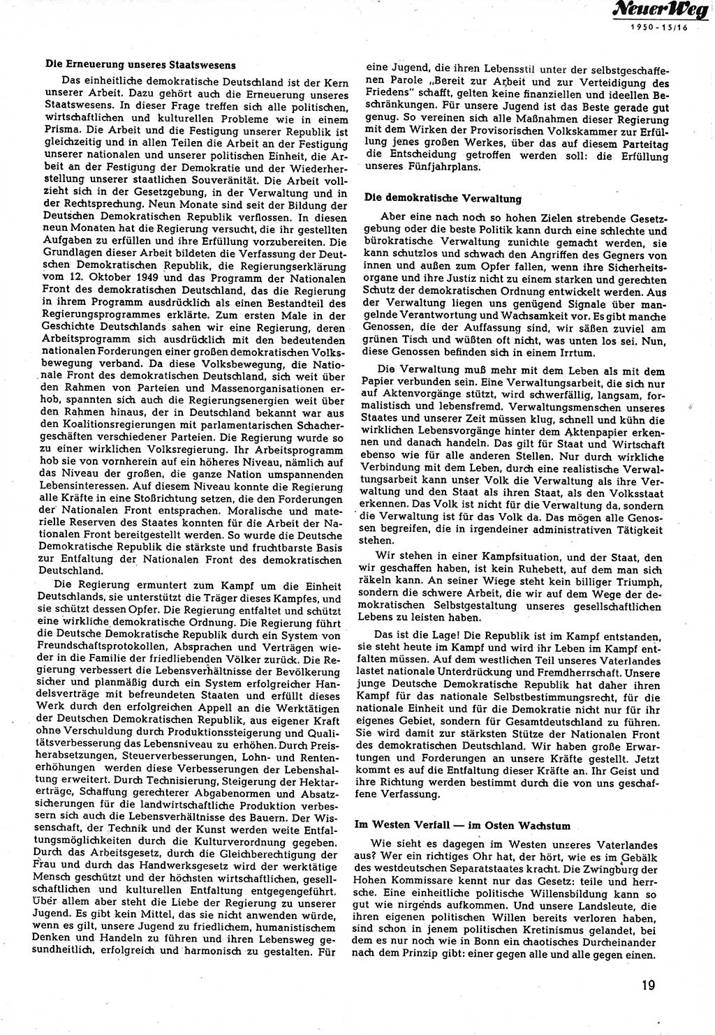 Neuer Weg (NW), Halbmonatsschrift für aktuelle Fragen der Arbeiterbewegung [Zentralkomitee (ZK) Sozialistische Einheitspartei Deutschlands (SED)], 5. Jahrgang [Deutsche Demokratische Republik (DDR)] 1950, Heft 15/19 (NW ZK SED DDR 1950, H. 15/19)