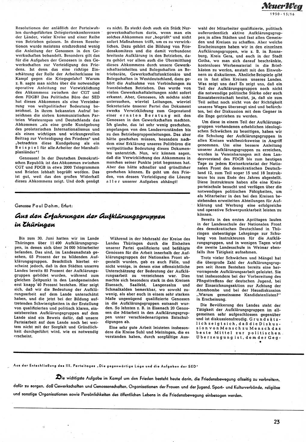 Neuer Weg (NW), Halbmonatsschrift für aktuelle Fragen der Arbeiterbewegung [Zentralkomitee (ZK) Sozialistische Einheitspartei Deutschlands (SED)], 5. Jahrgang [Deutsche Demokratische Republik (DDR)] 1950, Heft 15/23 (NW ZK SED DDR 1950, H. 15/23)