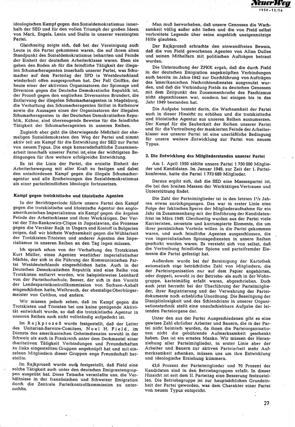 Neuer Weg (NW), Halbmonatsschrift für aktuelle Fragen der Arbeiterbewegung [Zentralkomitee (ZK) Sozialistische Einheitspartei Deutschlands (SED)], 5. Jahrgang [Deutsche Demokratische Republik (DDR)] 1950, Heft 15/27 (NW ZK SED DDR 1950, H. 15/27)