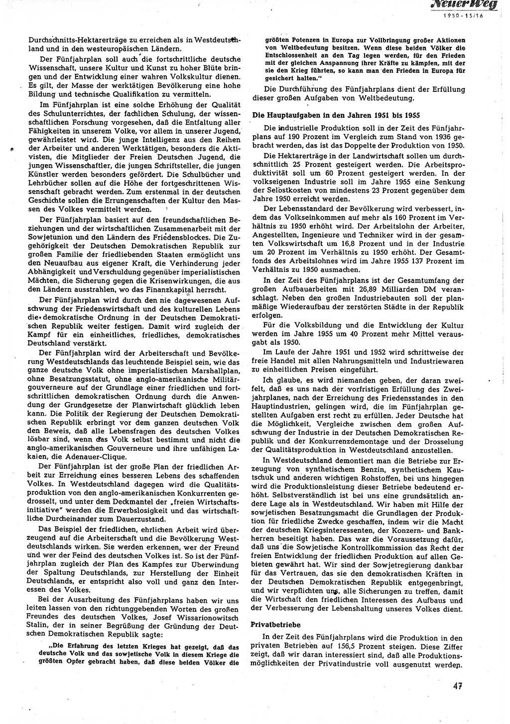 Neuer Weg (NW), Halbmonatsschrift für aktuelle Fragen der Arbeiterbewegung [Zentralkomitee (ZK) Sozialistische Einheitspartei Deutschlands (SED)], 5. Jahrgang [Deutsche Demokratische Republik (DDR)] 1950, Heft 15/47 (NW ZK SED DDR 1950, H. 15/47)