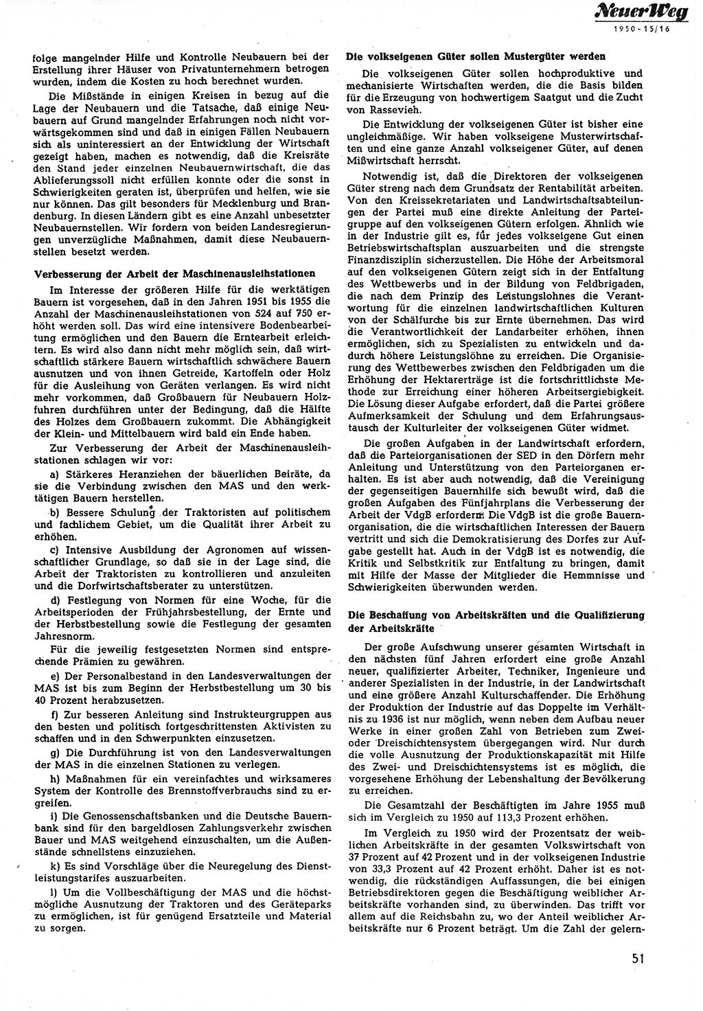 Neuer Weg (NW), Halbmonatsschrift für aktuelle Fragen der Arbeiterbewegung [Zentralkomitee (ZK) Sozialistische Einheitspartei Deutschlands (SED)], 5. Jahrgang [Deutsche Demokratische Republik (DDR)] 1950, Heft 15/51 (NW ZK SED DDR 1950, H. 15/51)