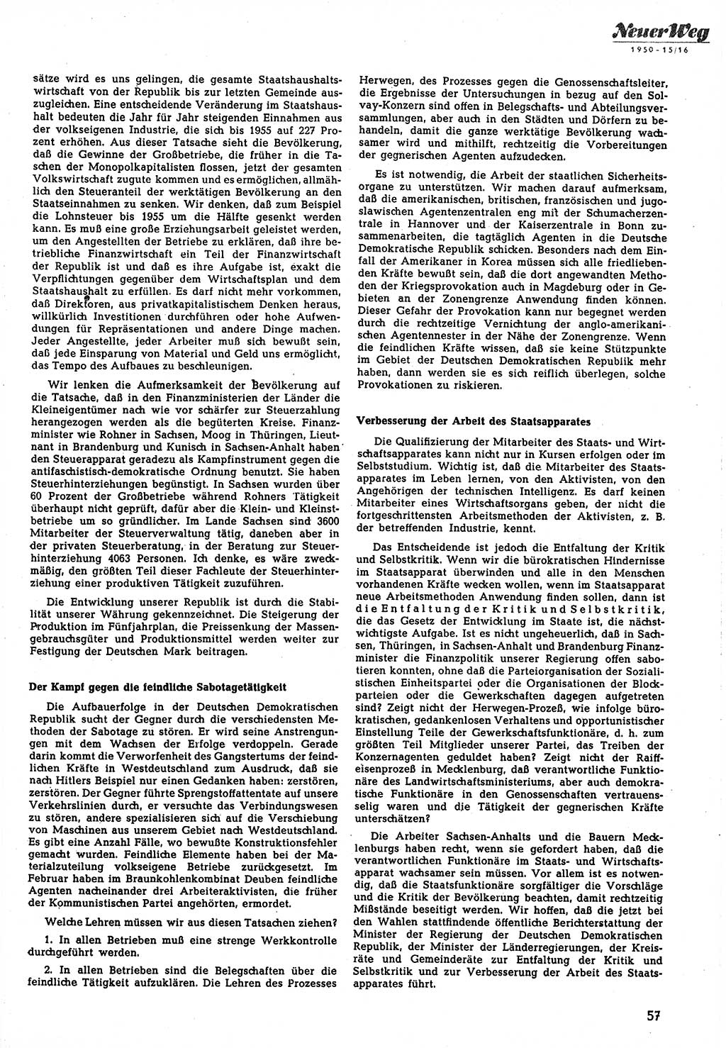 Neuer Weg (NW), Halbmonatsschrift für aktuelle Fragen der Arbeiterbewegung [Zentralkomitee (ZK) Sozialistische Einheitspartei Deutschlands (SED)], 5. Jahrgang [Deutsche Demokratische Republik (DDR)] 1950, Heft 15/57 (NW ZK SED DDR 1950, H. 15/57)