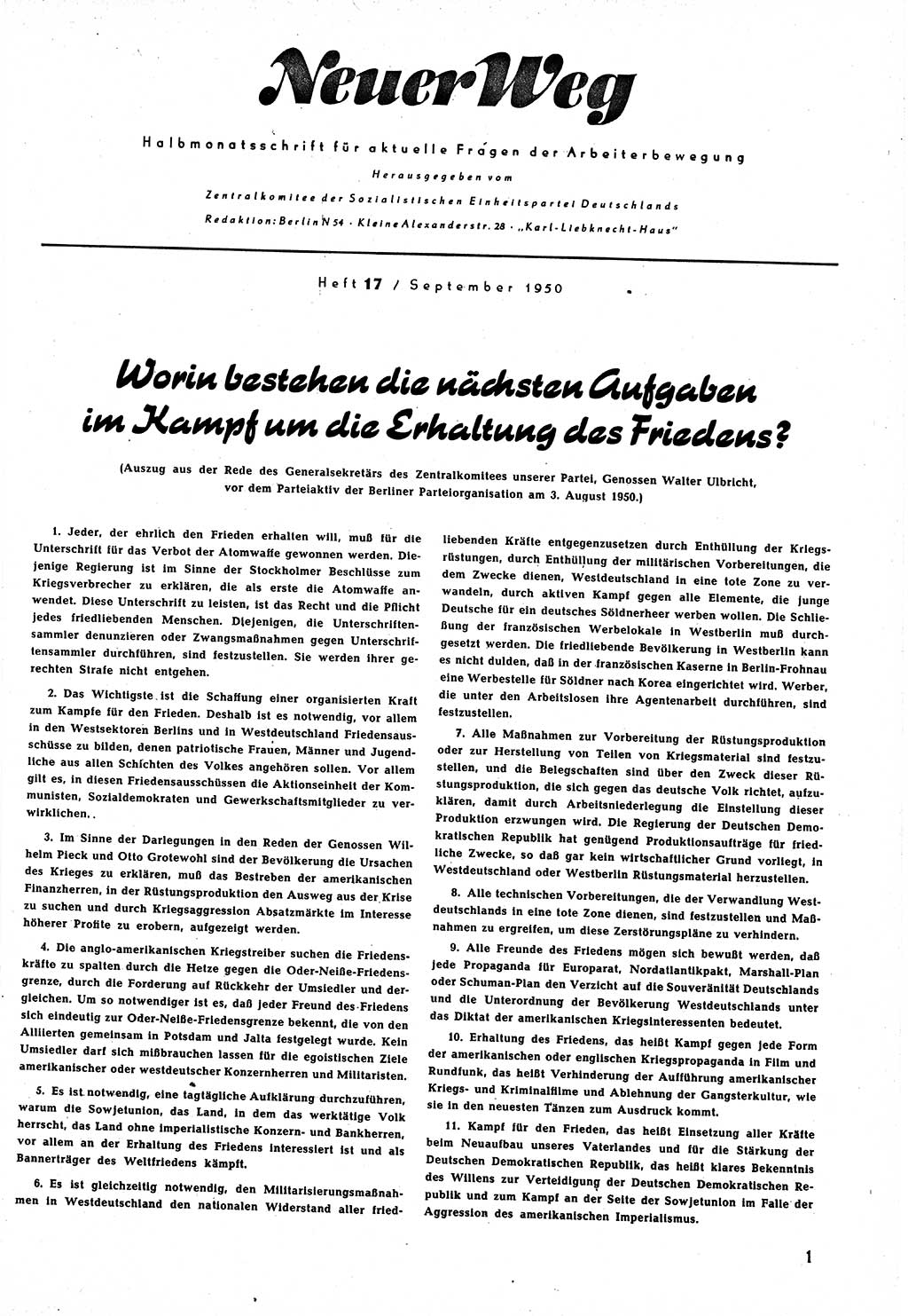 Neuer Weg (NW), Halbmonatsschrift für aktuelle Fragen der Arbeiterbewegung [Zentralkomitee (ZK) Sozialistische Einheitspartei Deutschlands (SED)], 5. Jahrgang [Deutsche Demokratische Republik (DDR)] 1950, Heft 17/1 (NW ZK SED DDR 1950, H. 17/1)