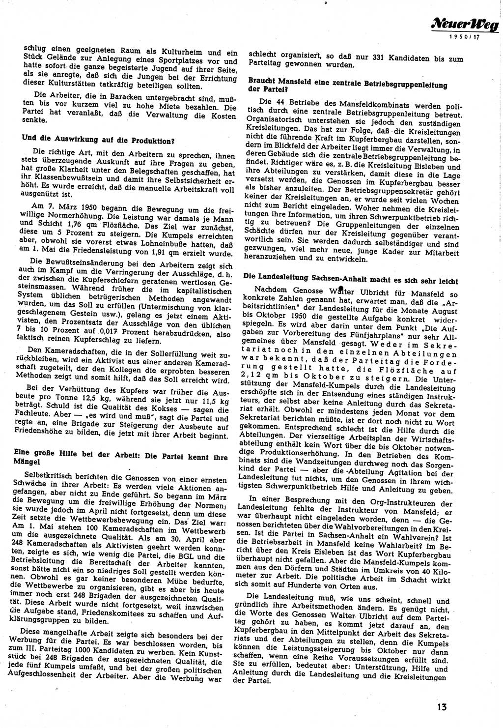 Neuer Weg (NW), Halbmonatsschrift für aktuelle Fragen der Arbeiterbewegung [Zentralkomitee (ZK) Sozialistische Einheitspartei Deutschlands (SED)], 5. Jahrgang [Deutsche Demokratische Republik (DDR)] 1950, Heft 17/13 (NW ZK SED DDR 1950, H. 17/13)