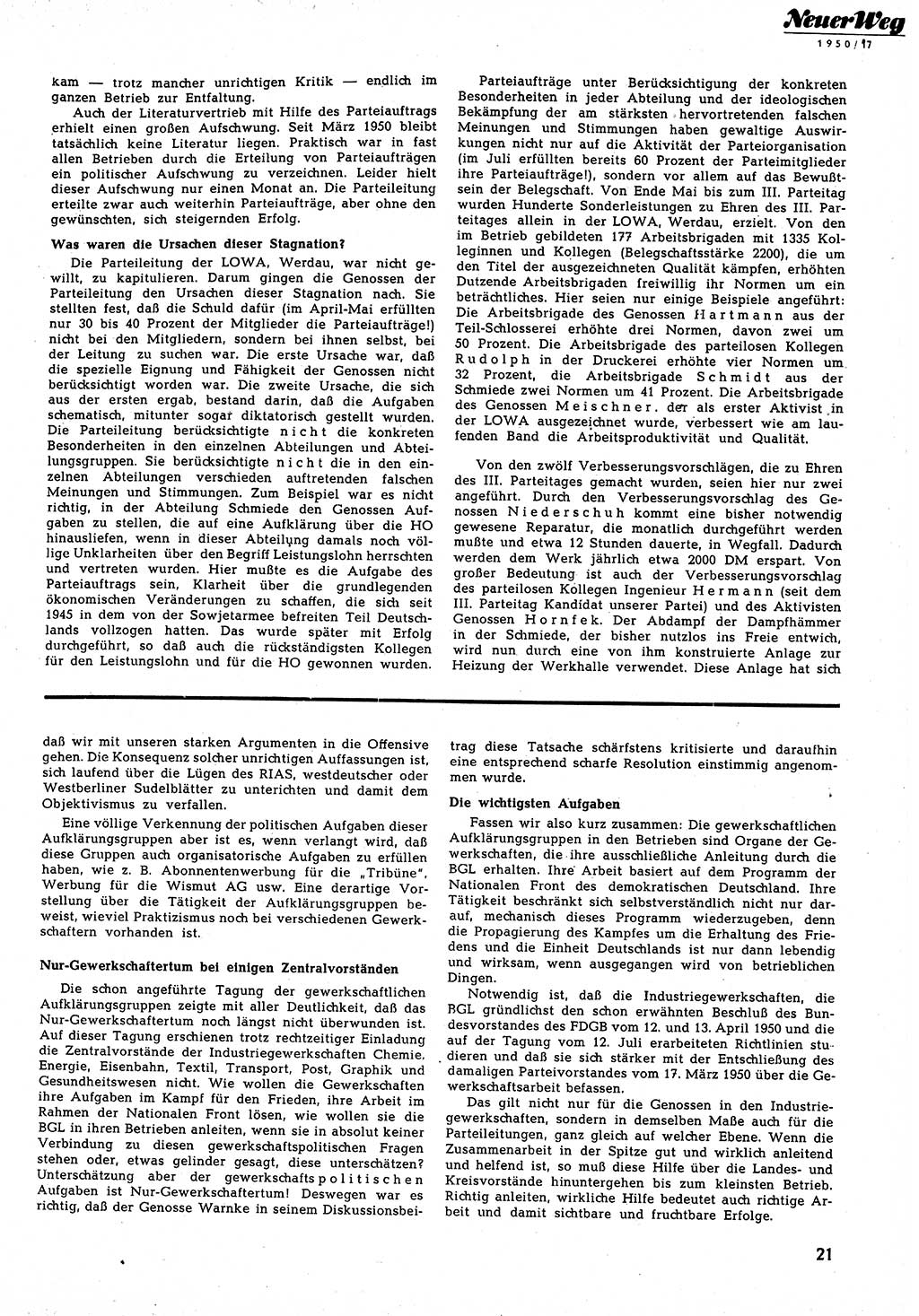 Neuer Weg (NW), Halbmonatsschrift für aktuelle Fragen der Arbeiterbewegung [Zentralkomitee (ZK) Sozialistische Einheitspartei Deutschlands (SED)], 5. Jahrgang [Deutsche Demokratische Republik (DDR)] 1950, Heft 17/21 (NW ZK SED DDR 1950, H. 17/21)