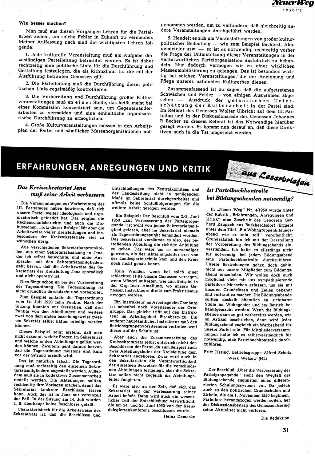 Neuer Weg (NW), Halbmonatsschrift für aktuelle Fragen der Arbeiterbewegung [Zentralkomitee (ZK) Sozialistische Einheitspartei Deutschlands (SED)], 5. Jahrgang [Deutsche Demokratische Republik (DDR)] 1950, Heft 17/31 (NW ZK SED DDR 1950, H. 17/31)