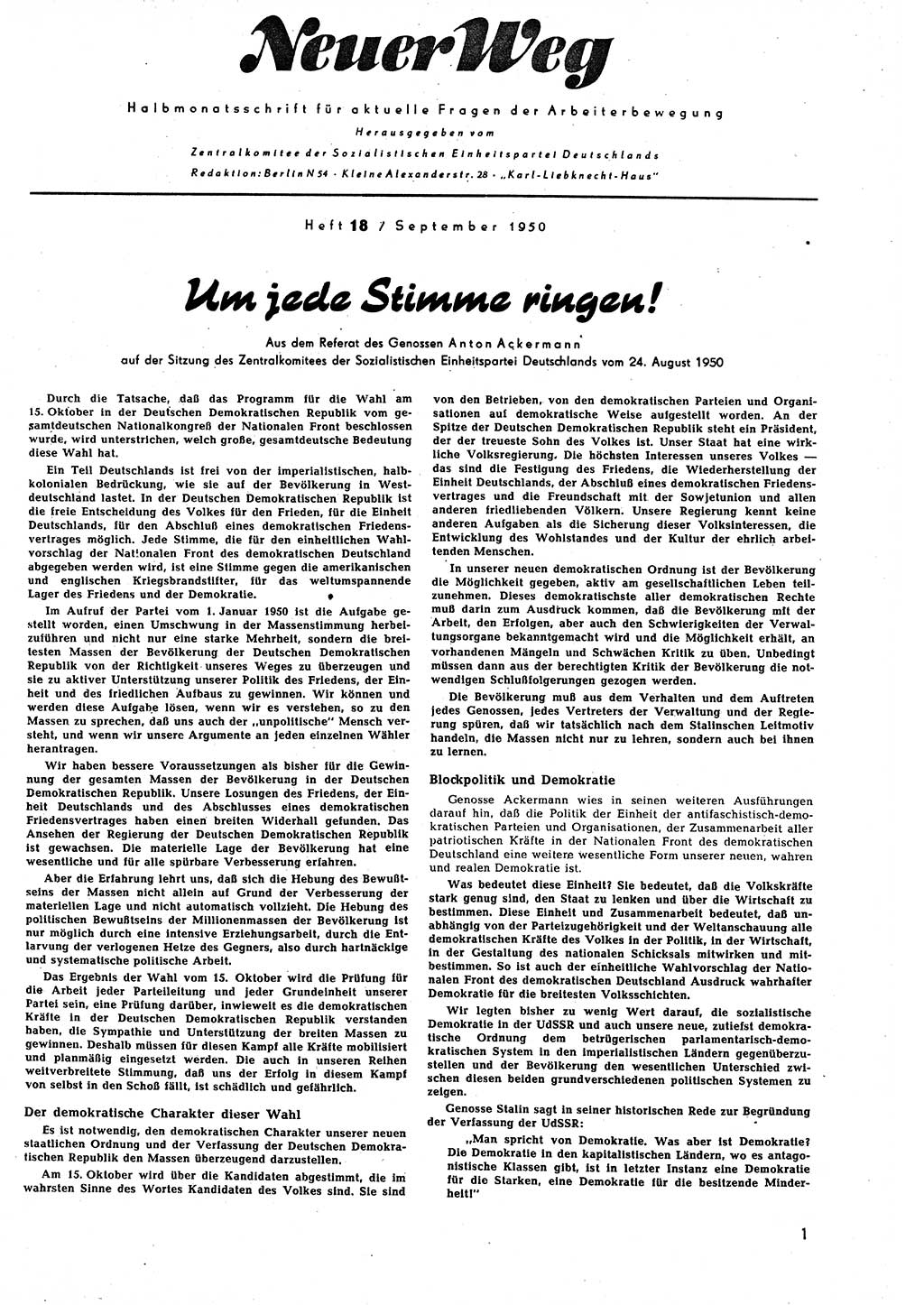 Neuer Weg (NW), Halbmonatsschrift für aktuelle Fragen der Arbeiterbewegung [Zentralkomitee (ZK) Sozialistische Einheitspartei Deutschlands (SED)], 5. Jahrgang [Deutsche Demokratische Republik (DDR)] 1950, Heft 18/1 (NW ZK SED DDR 1950, H. 18/1)