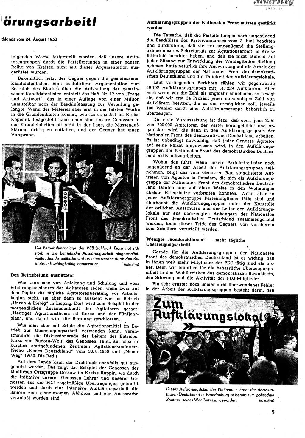 Neuer Weg (NW), Halbmonatsschrift für aktuelle Fragen der Arbeiterbewegung [Zentralkomitee (ZK) Sozialistische Einheitspartei Deutschlands (SED)], 5. Jahrgang [Deutsche Demokratische Republik (DDR)] 1950, Heft 18/5 (NW ZK SED DDR 1950, H. 18/5)