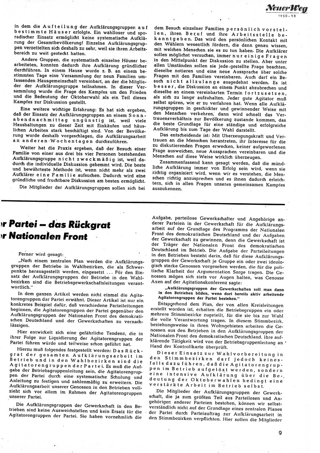 Neuer Weg (NW), Halbmonatsschrift für aktuelle Fragen der Arbeiterbewegung [Zentralkomitee (ZK) Sozialistische Einheitspartei Deutschlands (SED)], 5. Jahrgang [Deutsche Demokratische Republik (DDR)] 1950, Heft 18/9 (NW ZK SED DDR 1950, H. 18/9)