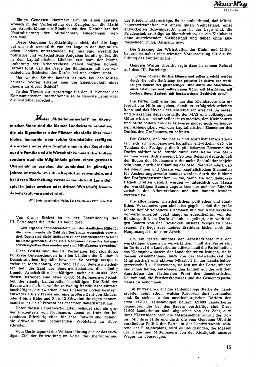 Neuer Weg (NW), Halbmonatsschrift für aktuelle Fragen der Arbeiterbewegung [Zentralkomitee (ZK) Sozialistische Einheitspartei Deutschlands (SED)], 5. Jahrgang [Deutsche Demokratische Republik (DDR)] 1950, Heft 18/15 (NW ZK SED DDR 1950, H. 18/15)