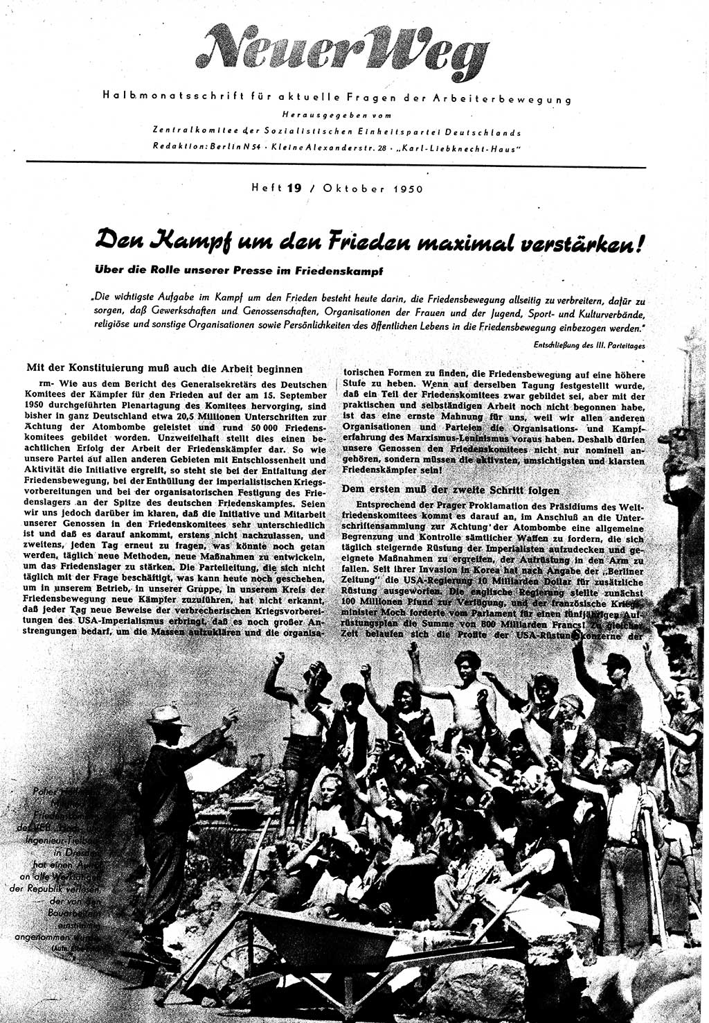 Neuer Weg (NW), Halbmonatsschrift für aktuelle Fragen der Arbeiterbewegung [Zentralkomitee (ZK) Sozialistische Einheitspartei Deutschlands (SED)], 5. Jahrgang [Deutsche Demokratische Republik (DDR)] 1950, Heft 19/1 (NW ZK SED DDR 1950, H. 19/1)