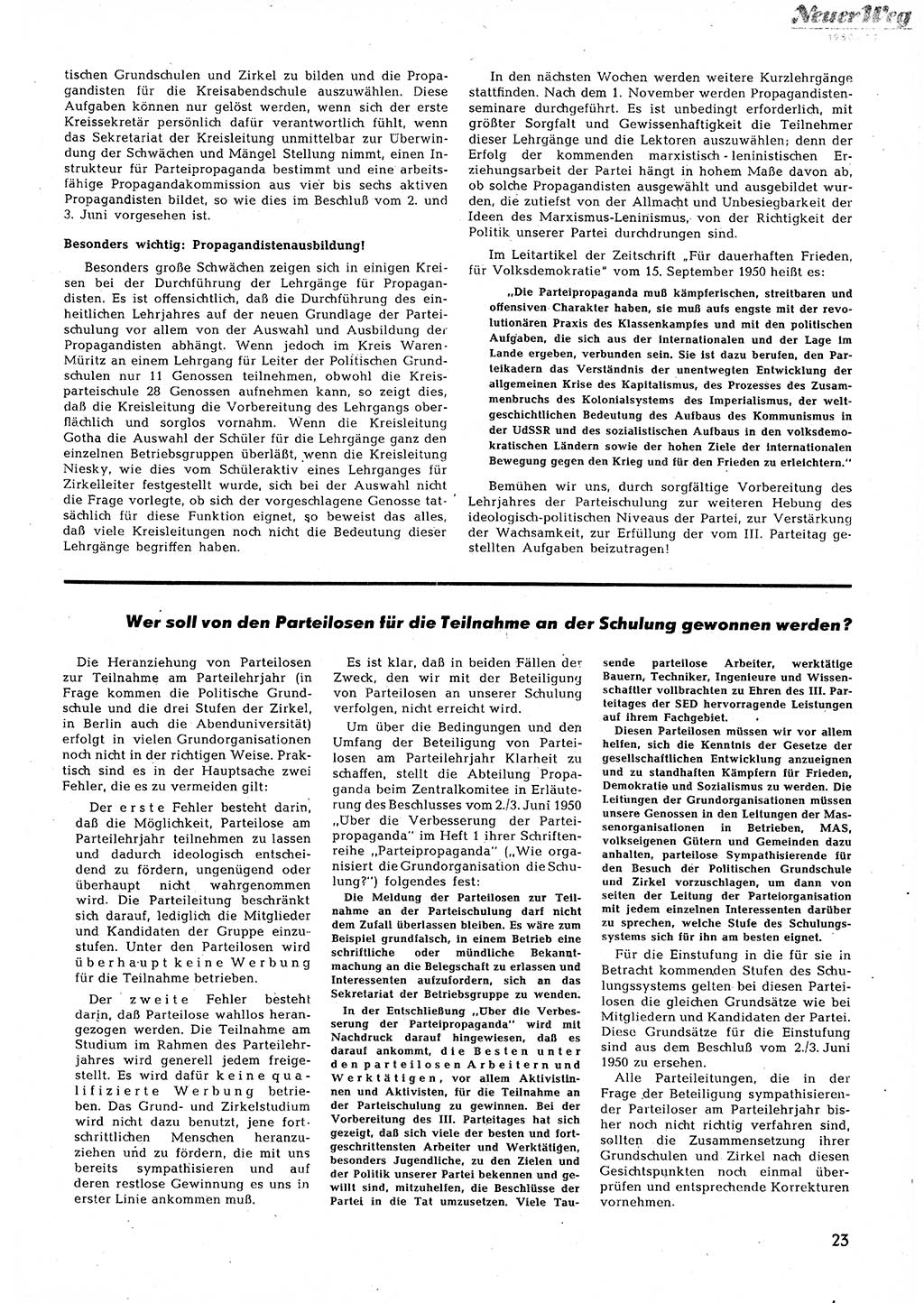 Neuer Weg (NW), Halbmonatsschrift für aktuelle Fragen der Arbeiterbewegung [Zentralkomitee (ZK) Sozialistische Einheitspartei Deutschlands (SED)], 5. Jahrgang [Deutsche Demokratische Republik (DDR)] 1950, Heft 19/23 (NW ZK SED DDR 1950, H. 19/23)