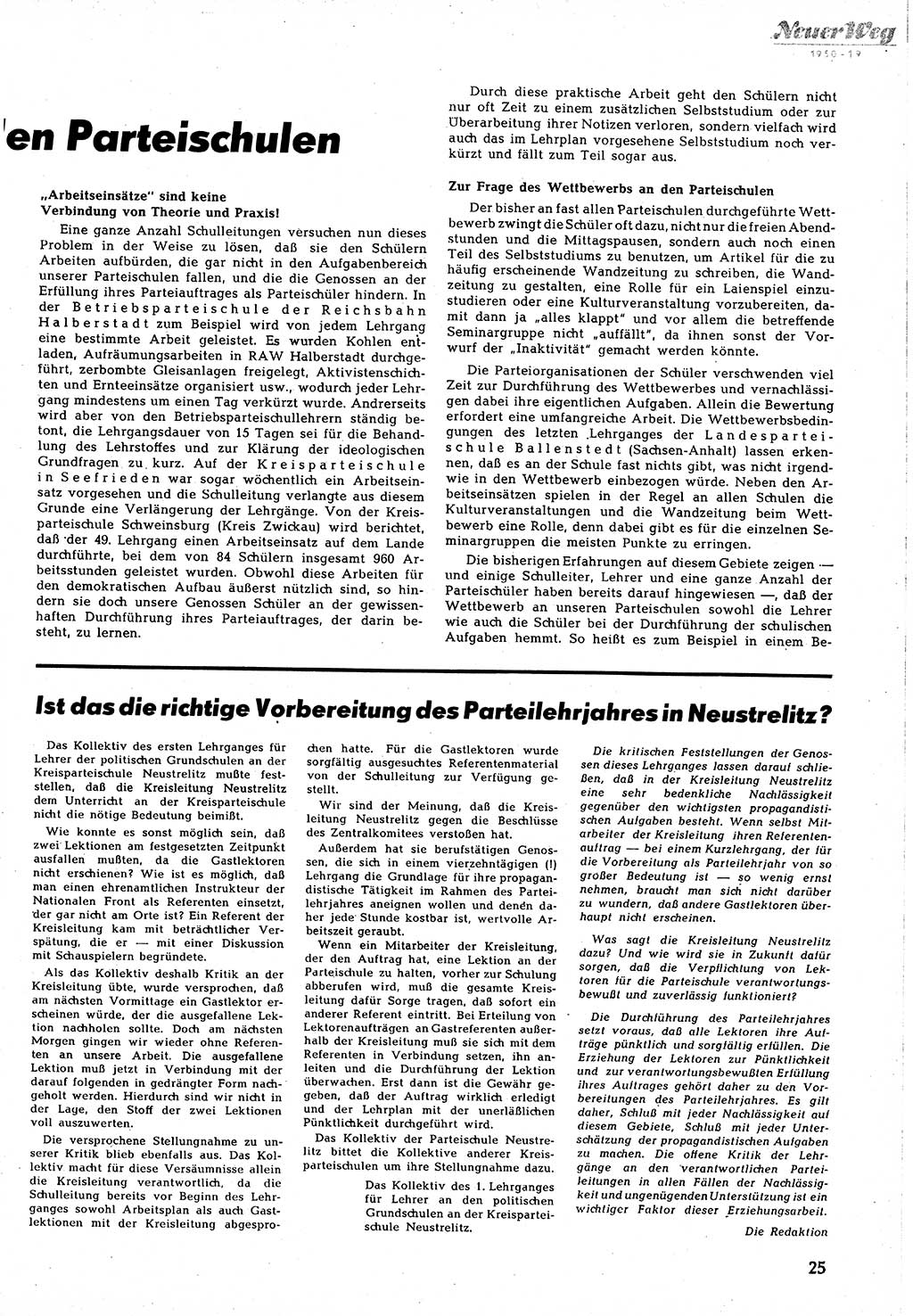 Neuer Weg (NW), Halbmonatsschrift für aktuelle Fragen der Arbeiterbewegung [Zentralkomitee (ZK) Sozialistische Einheitspartei Deutschlands (SED)], 5. Jahrgang [Deutsche Demokratische Republik (DDR)] 1950, Heft 19/25 (NW ZK SED DDR 1950, H. 19/25)