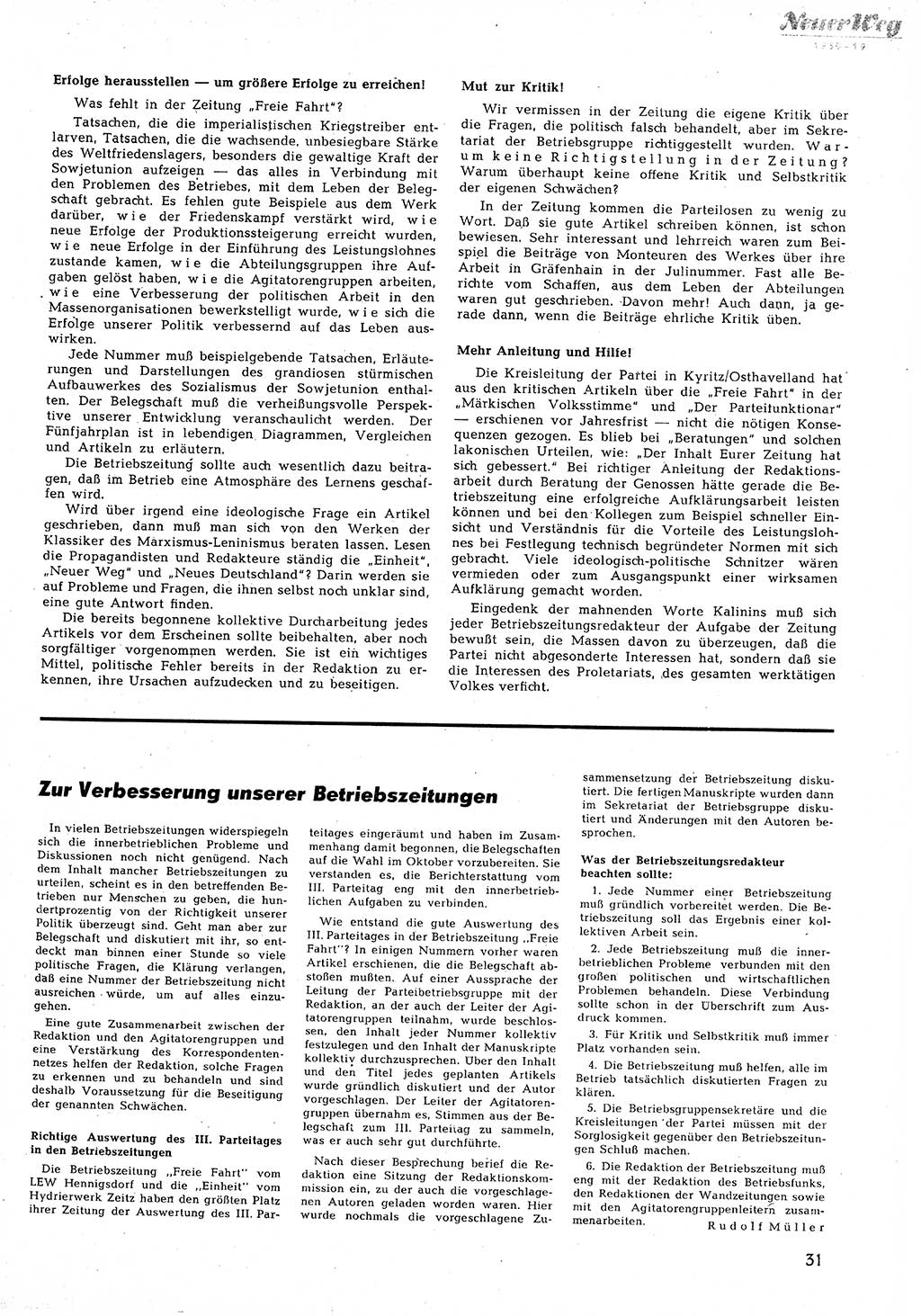 Neuer Weg (NW), Halbmonatsschrift für aktuelle Fragen der Arbeiterbewegung [Zentralkomitee (ZK) Sozialistische Einheitspartei Deutschlands (SED)], 5. Jahrgang [Deutsche Demokratische Republik (DDR)] 1950, Heft 19/31 (NW ZK SED DDR 1950, H. 19/31)