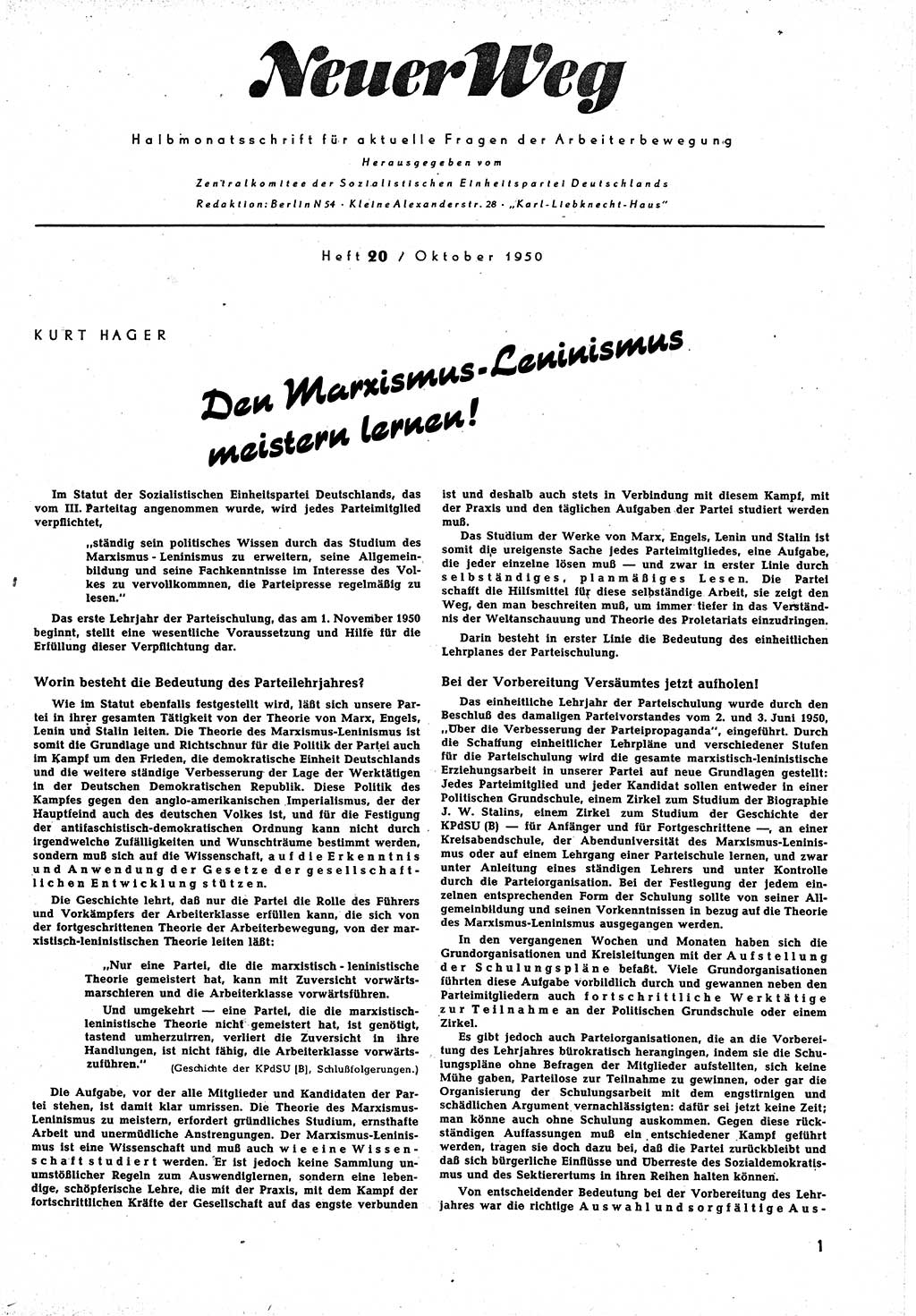 Neuer Weg (NW), Halbmonatsschrift für aktuelle Fragen der Arbeiterbewegung [Zentralkomitee (ZK) Sozialistische Einheitspartei Deutschlands (SED)], 5. Jahrgang [Deutsche Demokratische Republik (DDR)] 1950, Heft 20/1 (NW ZK SED DDR 1950, H. 20/1)