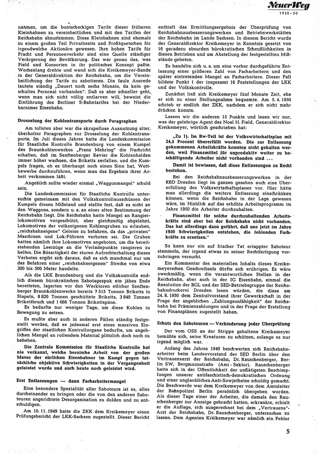 Neuer Weg (NW), Halbmonatsschrift für aktuelle Fragen der Arbeiterbewegung [Zentralkomitee (ZK) Sozialistische Einheitspartei Deutschlands (SED)], 5. Jahrgang [Deutsche Demokratische Republik (DDR)] 1950, Heft 20/5 (NW ZK SED DDR 1950, H. 20/5)