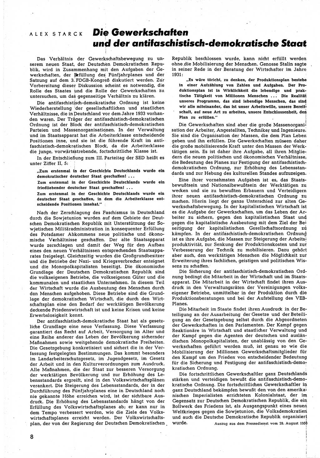 Neuer Weg (NW), Halbmonatsschrift für aktuelle Fragen der Arbeiterbewegung [Zentralkomitee (ZK) Sozialistische Einheitspartei Deutschlands (SED)], 5. Jahrgang [Deutsche Demokratische Republik (DDR)] 1950, Heft 20/8 (NW ZK SED DDR 1950, H. 20/8)